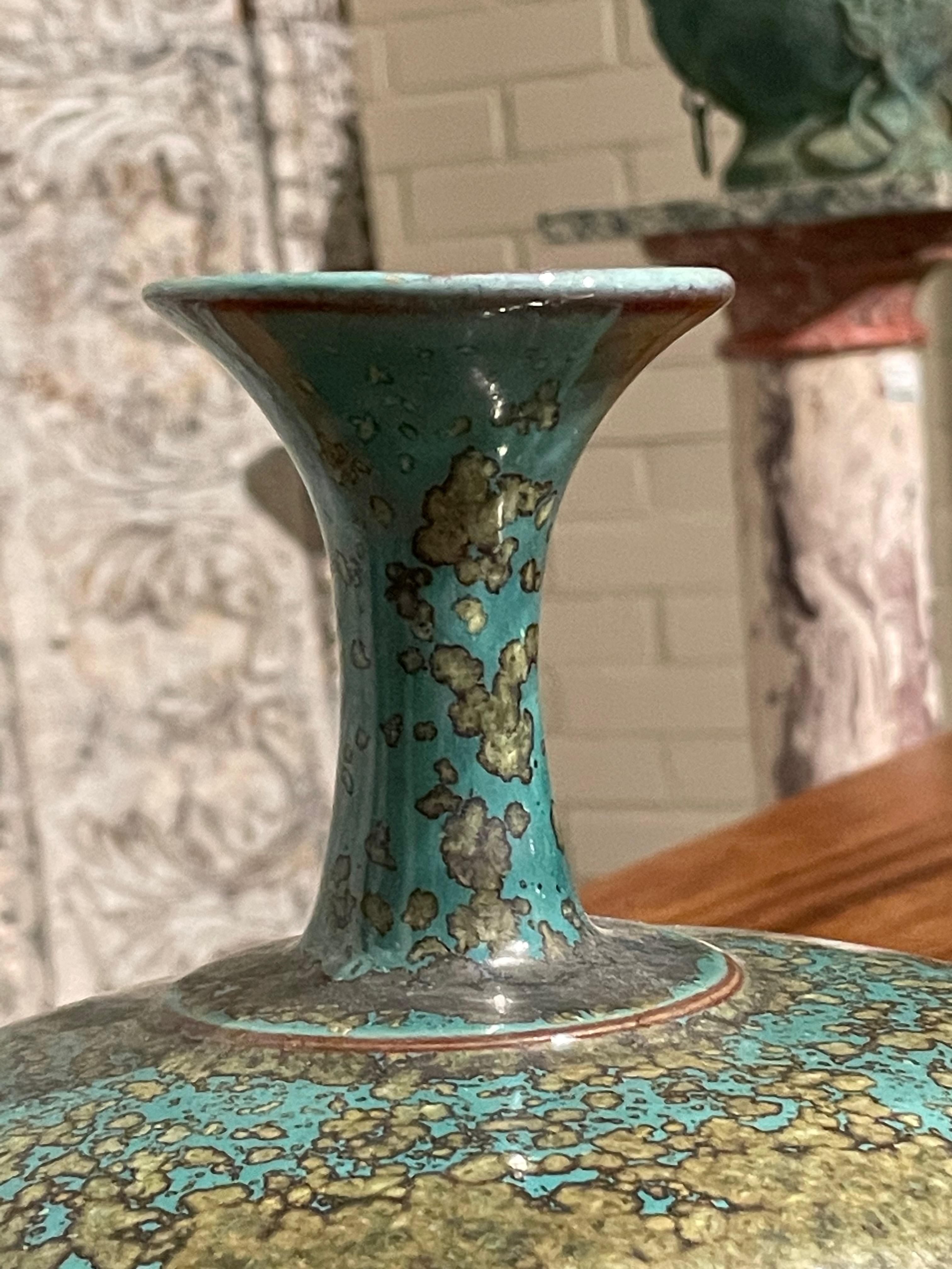 Ceramic Turquoise with Gold Speckled Glaze Flat Shape Base Vase, China, Contemporary