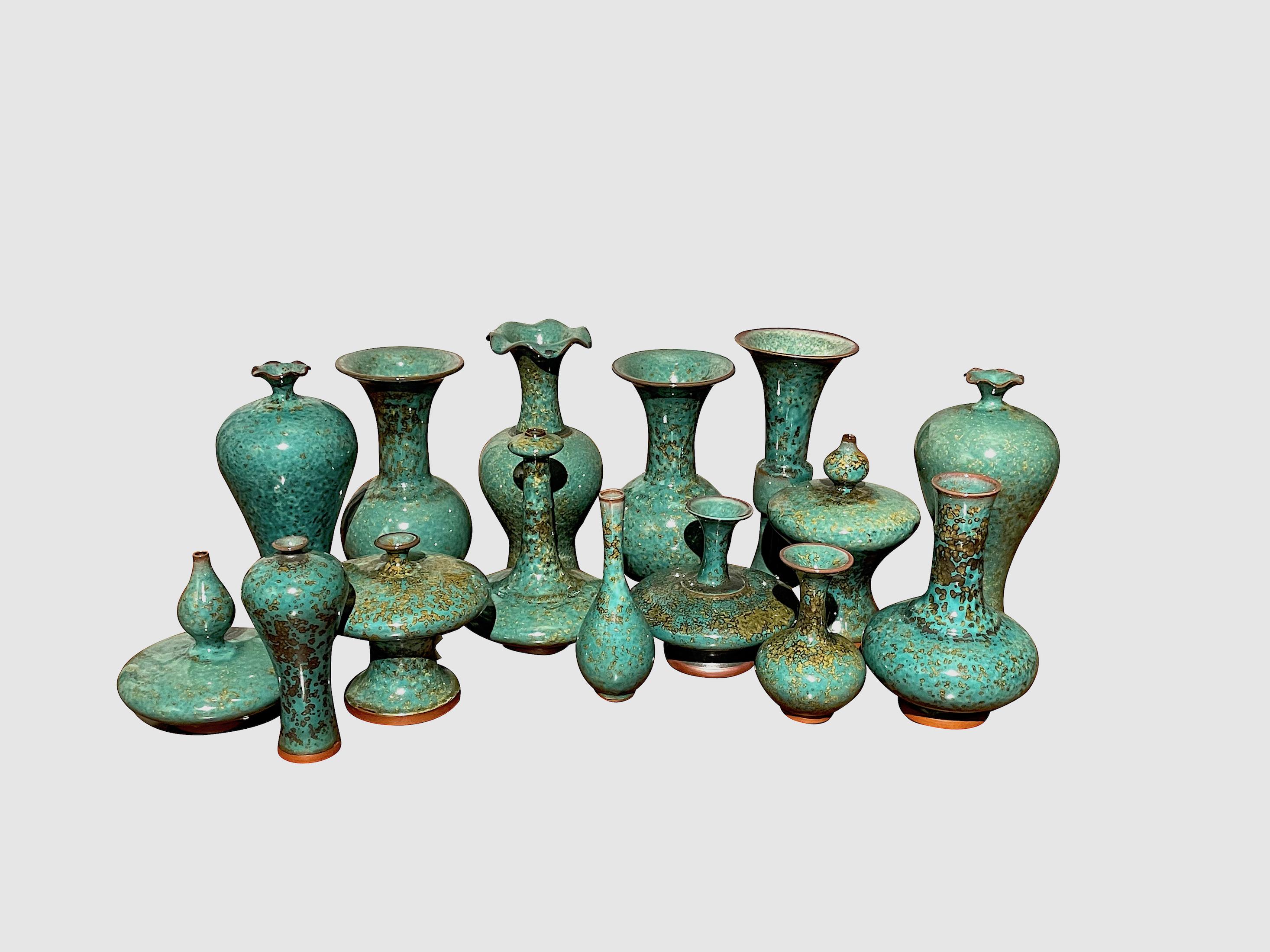 Turquoise with Gold Speckled Glaze Flat Shape Base Vase, China, Contemporary 3
