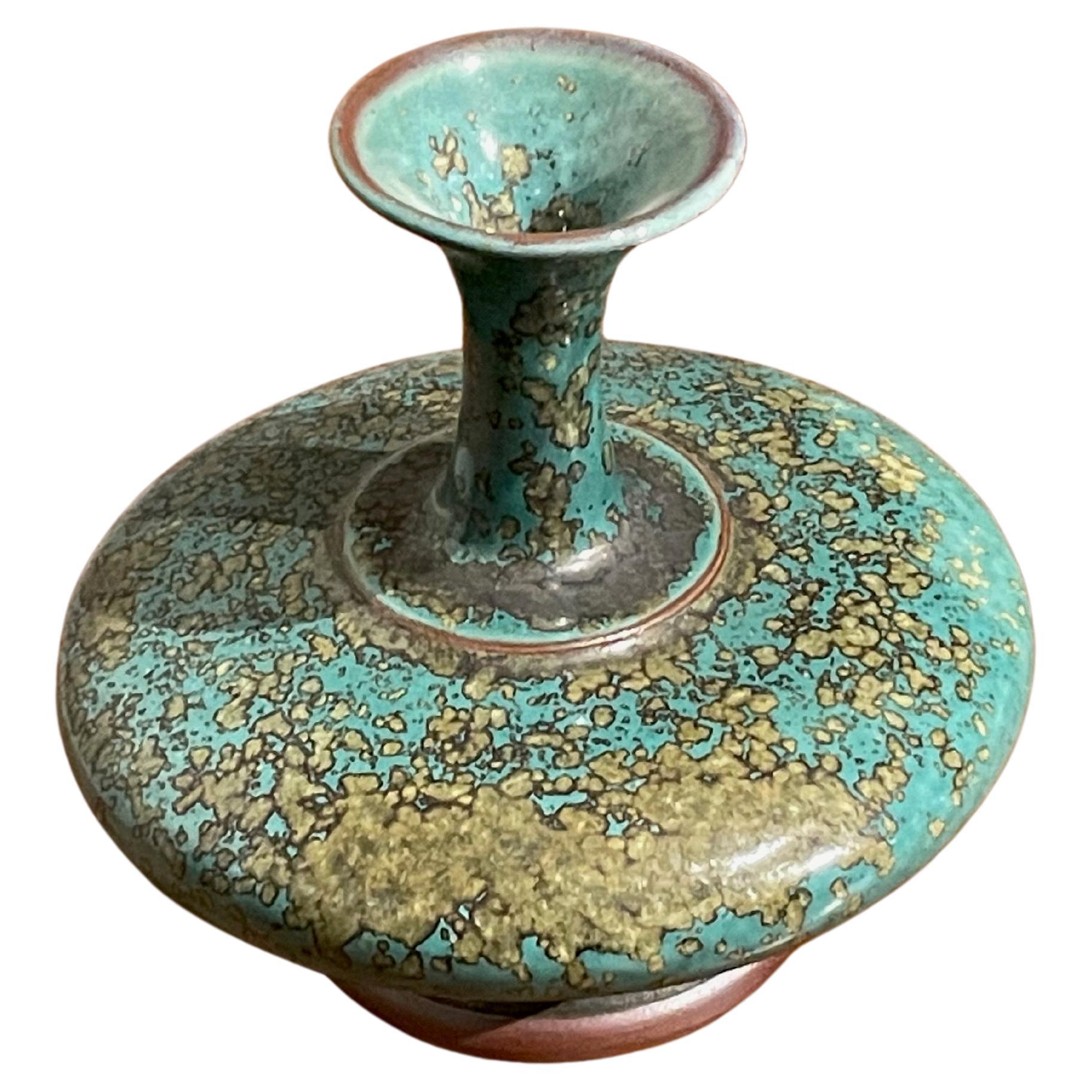 Turquoise with Gold Speckled Glaze Flat Shape Base Vase, China, Contemporary