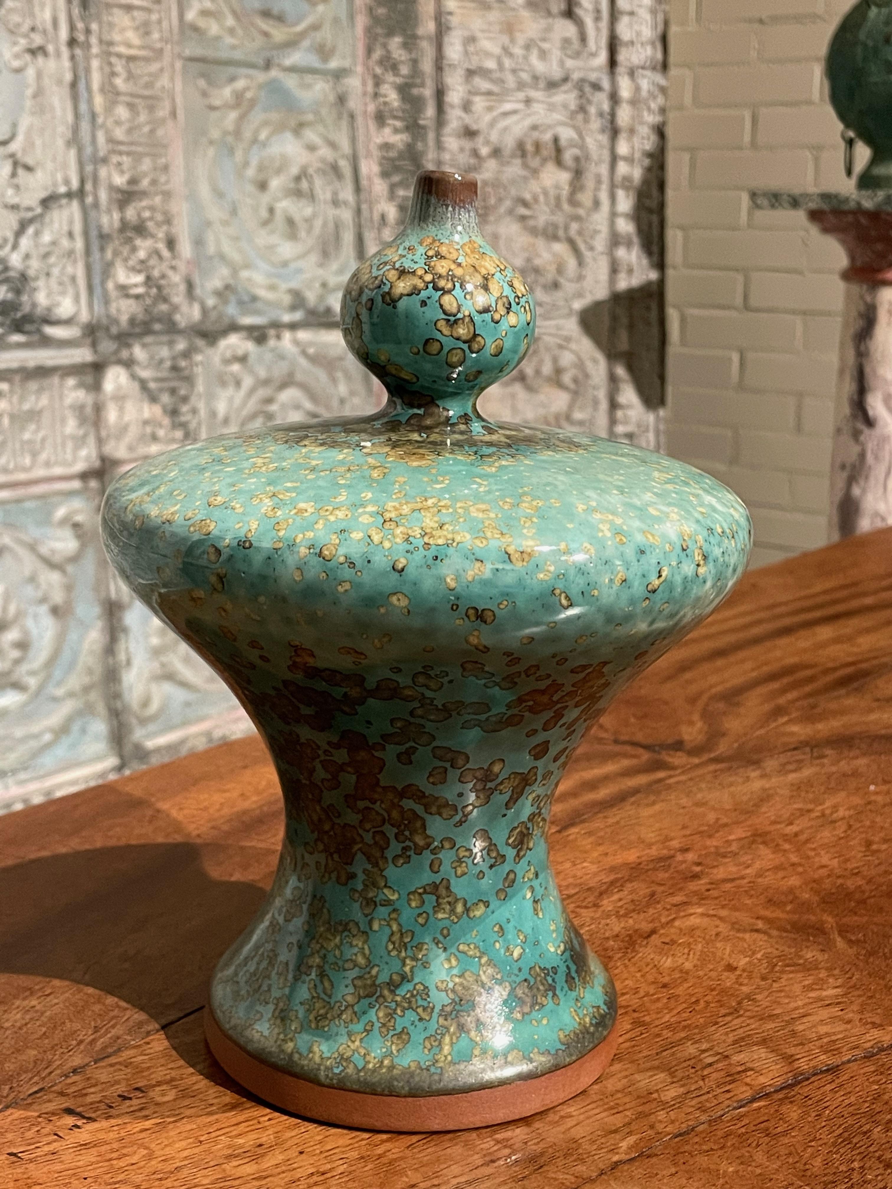 Chinese Turquoise with Gold Speckled Glaze Flat Top Vase, China, Contemporary