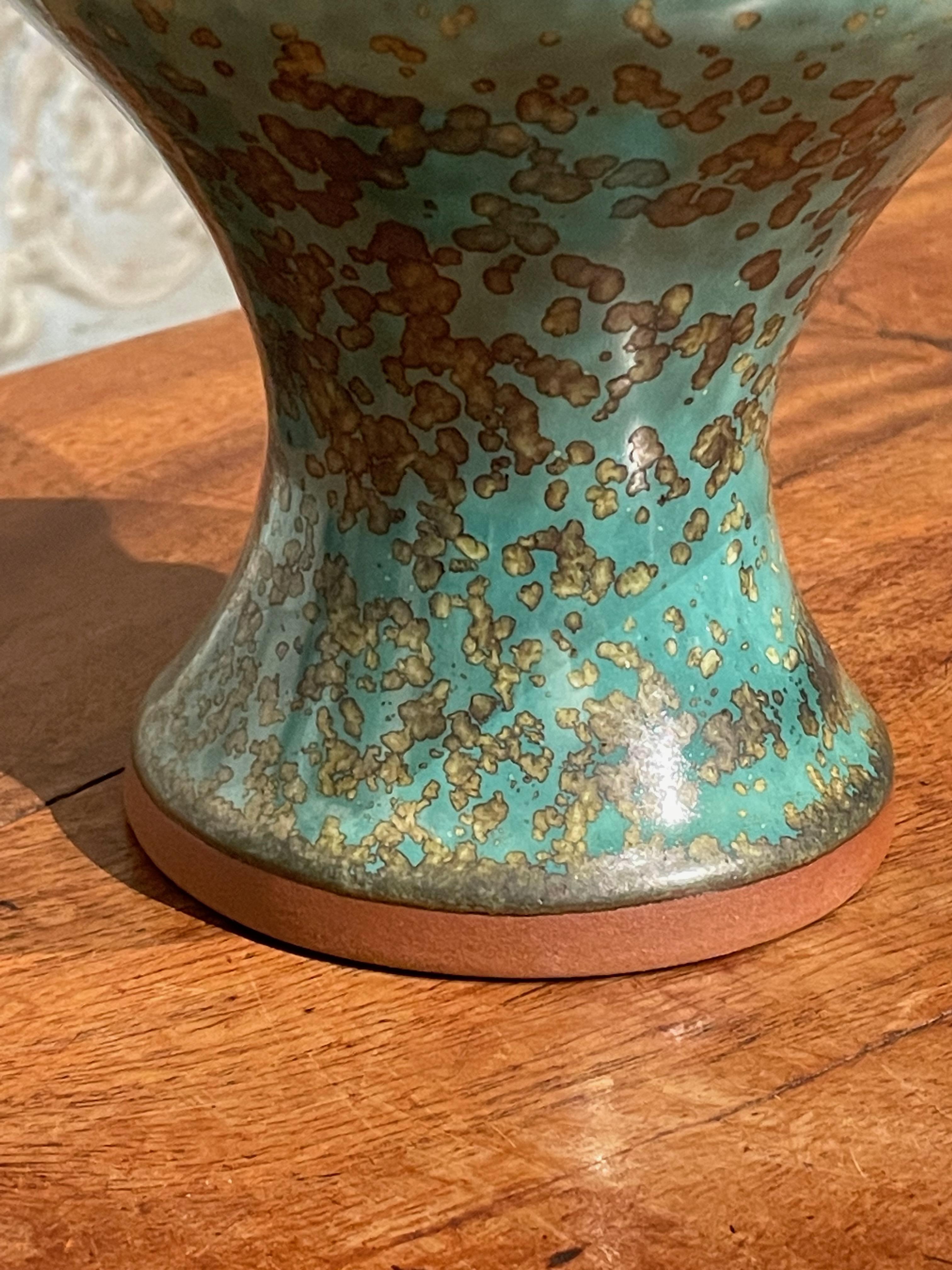 Ceramic Turquoise with Gold Speckled Glaze Flat Top Vase, China, Contemporary