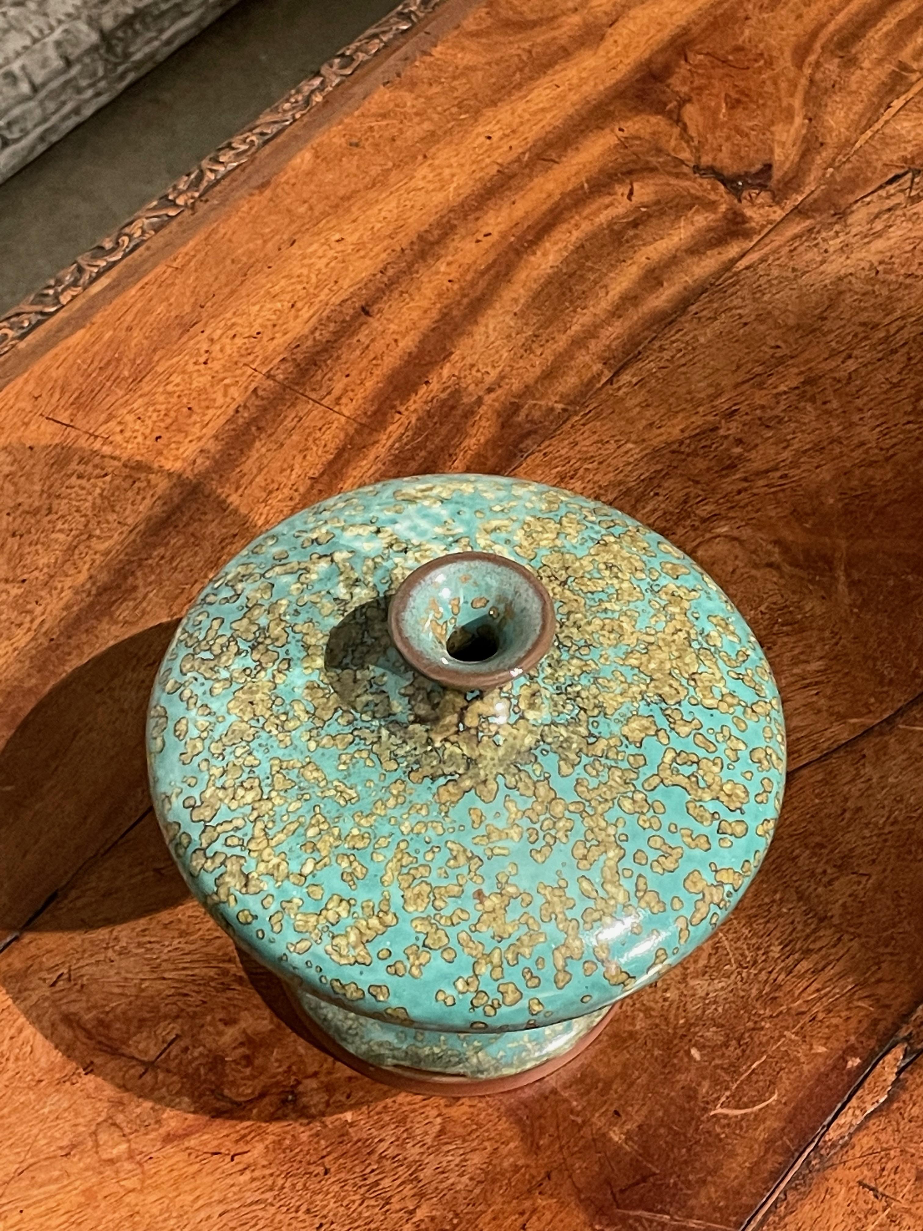 Chinese Turquoise with Gold Speckled Glaze Saucer Shape Vase, China, Contemporary