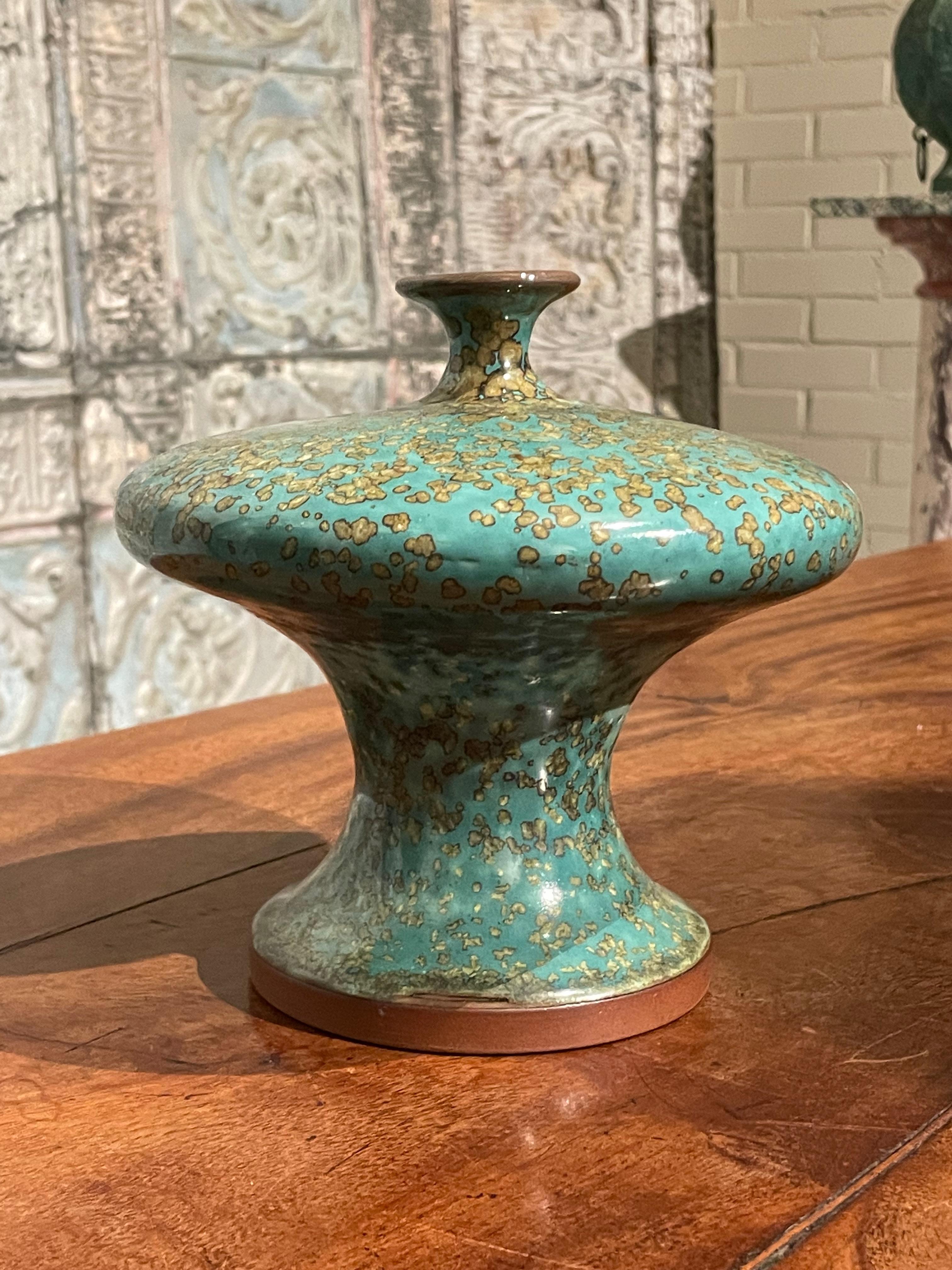 Turquoise with Gold Speckled Glaze Saucer Shape Vase, China, Contemporary In New Condition In New York, NY