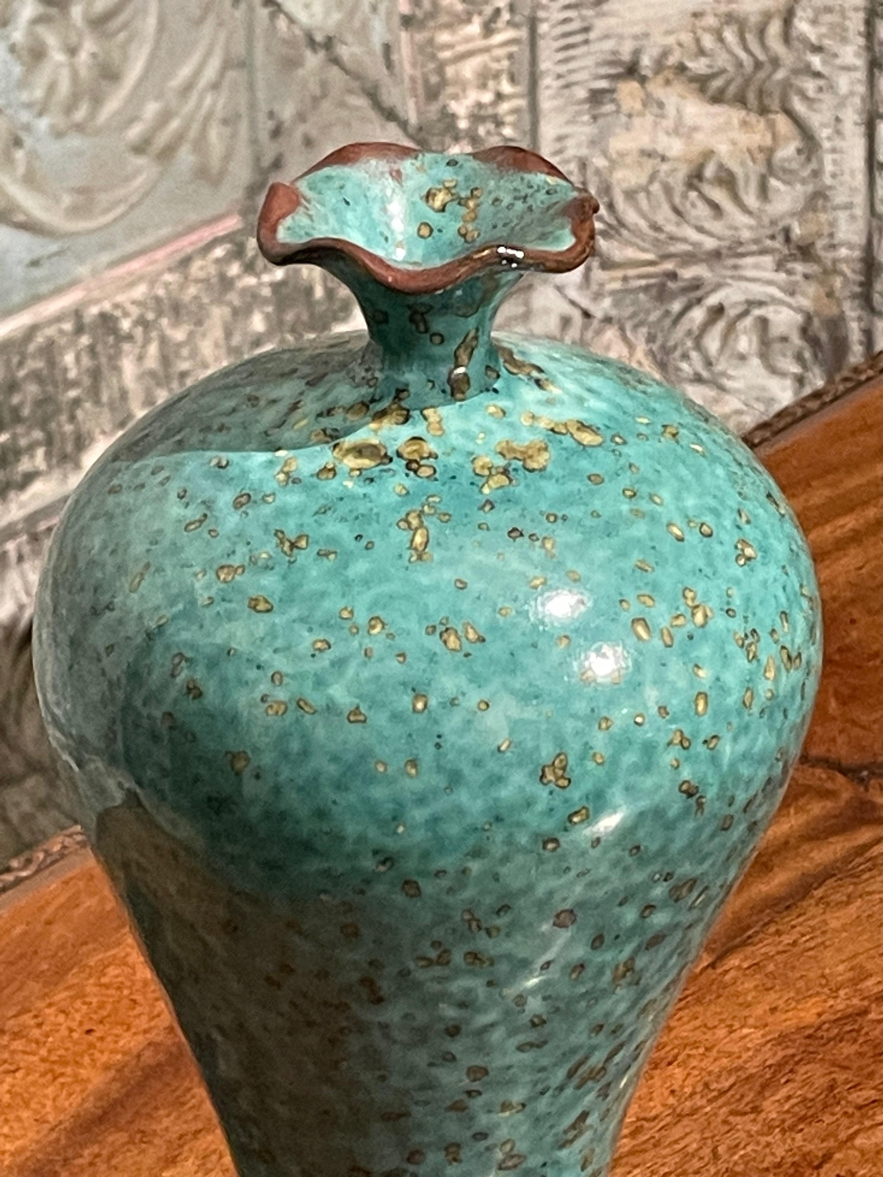 Chinese Turquoise with Gold Speckled Glaze Scalloped Opening Vase, China, Contemporary For Sale