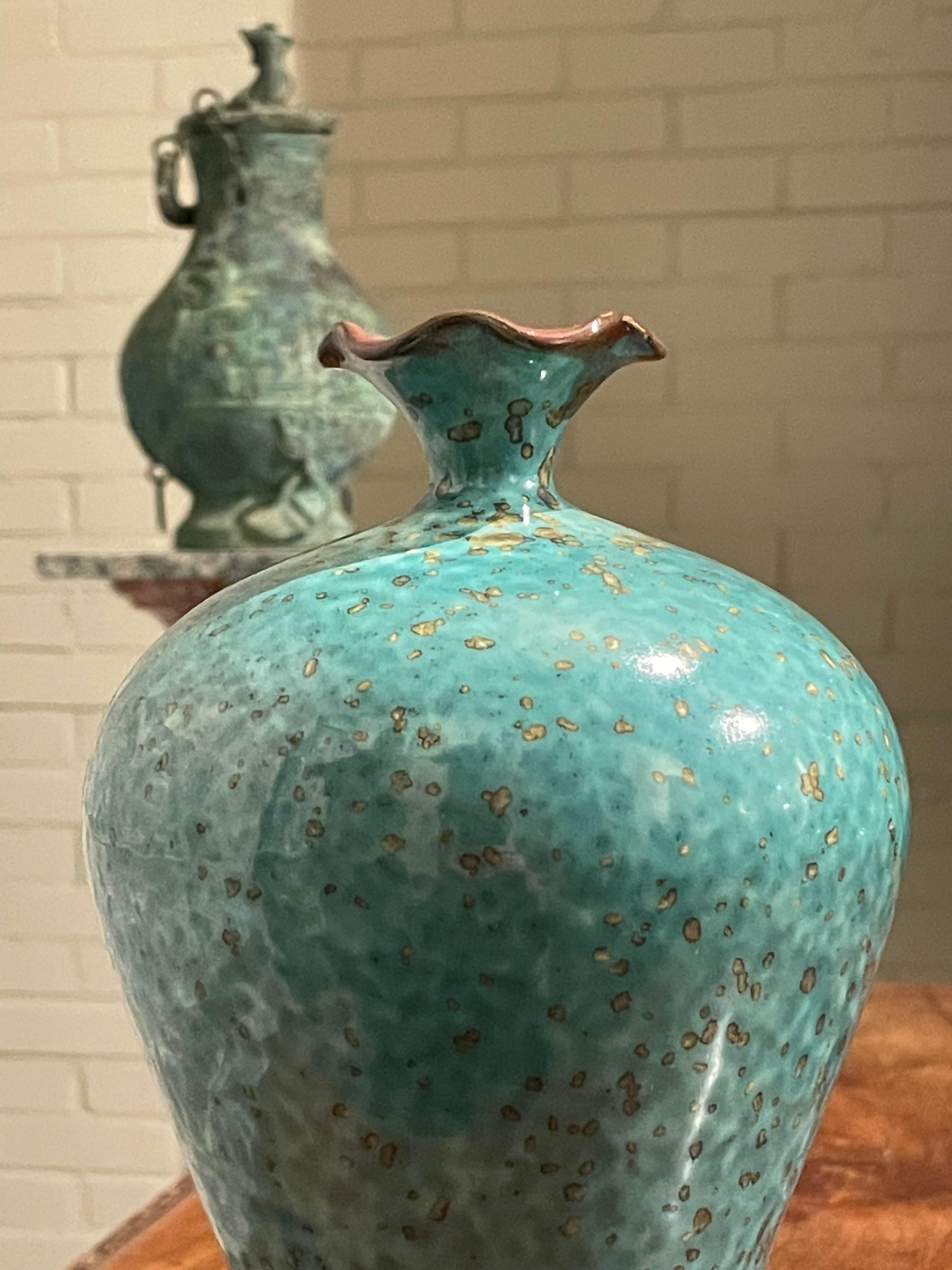 Ceramic Turquoise with Gold Speckled Glaze Scalloped Opening Vase, China, Contemporary For Sale