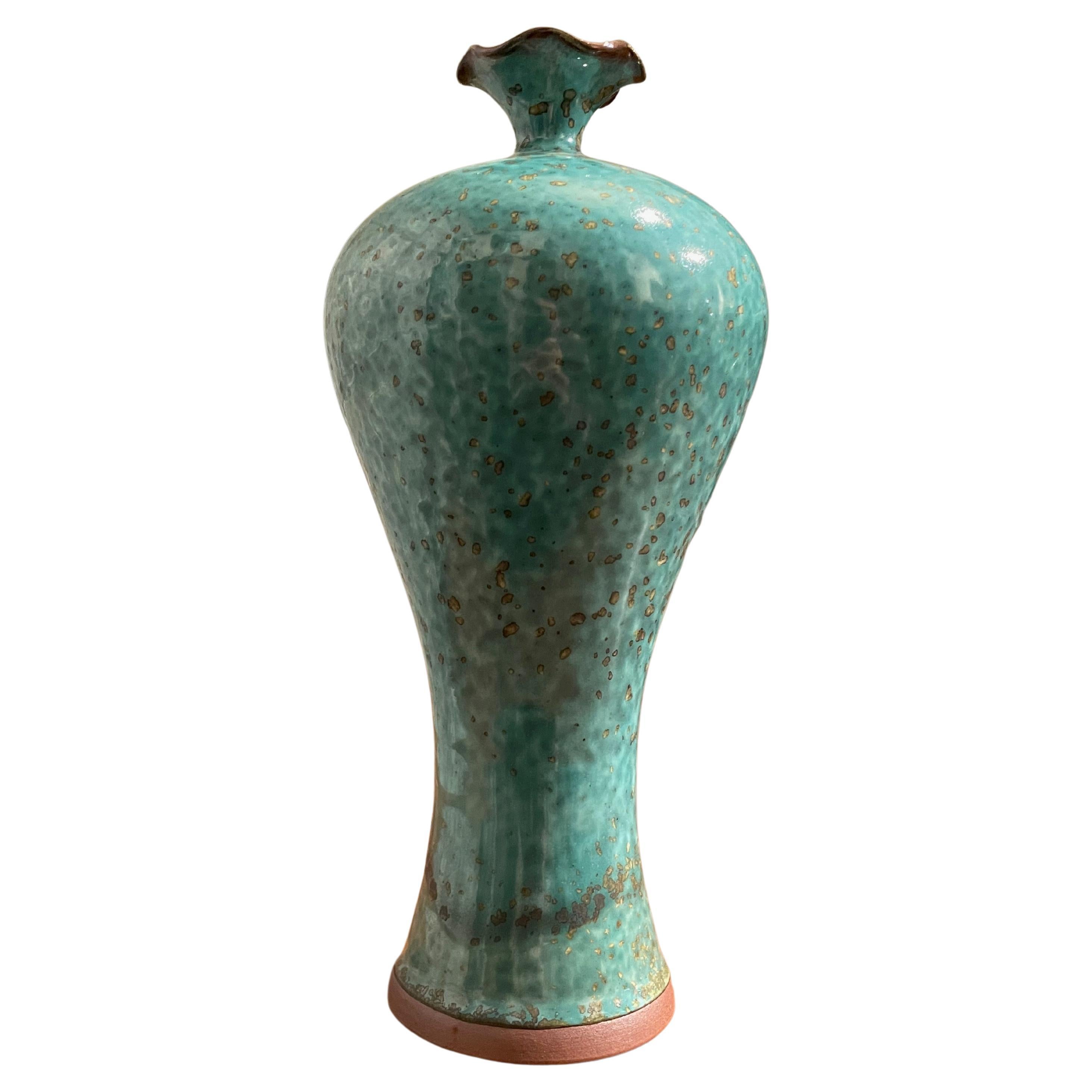 Turquoise with Gold Speckled Glaze Scalloped Opening Vase, China, Contemporary For Sale