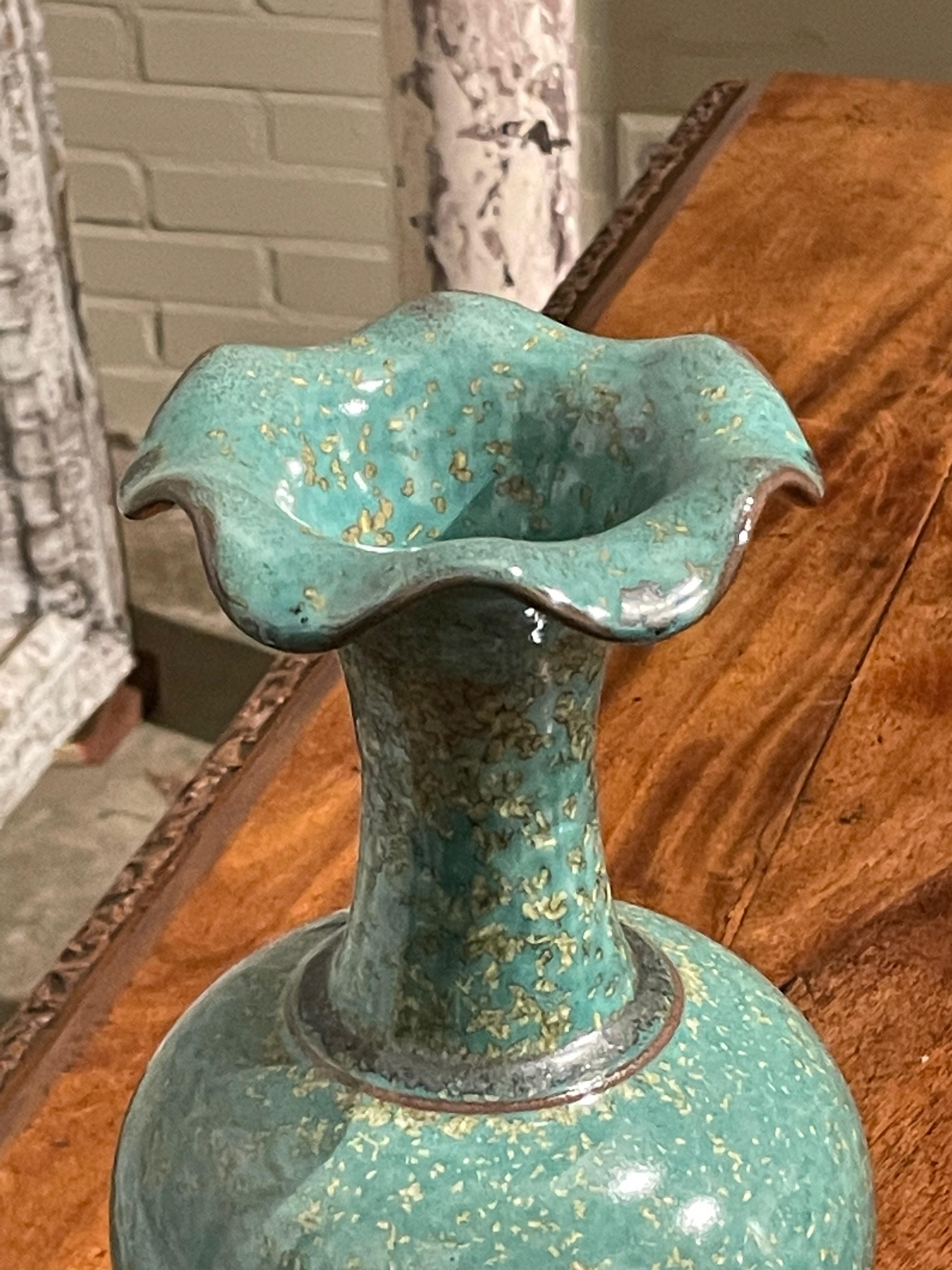 Chinese Turquoise with Gold Speckled Glaze Scalloped Spout Vase, China, Contemporary For Sale