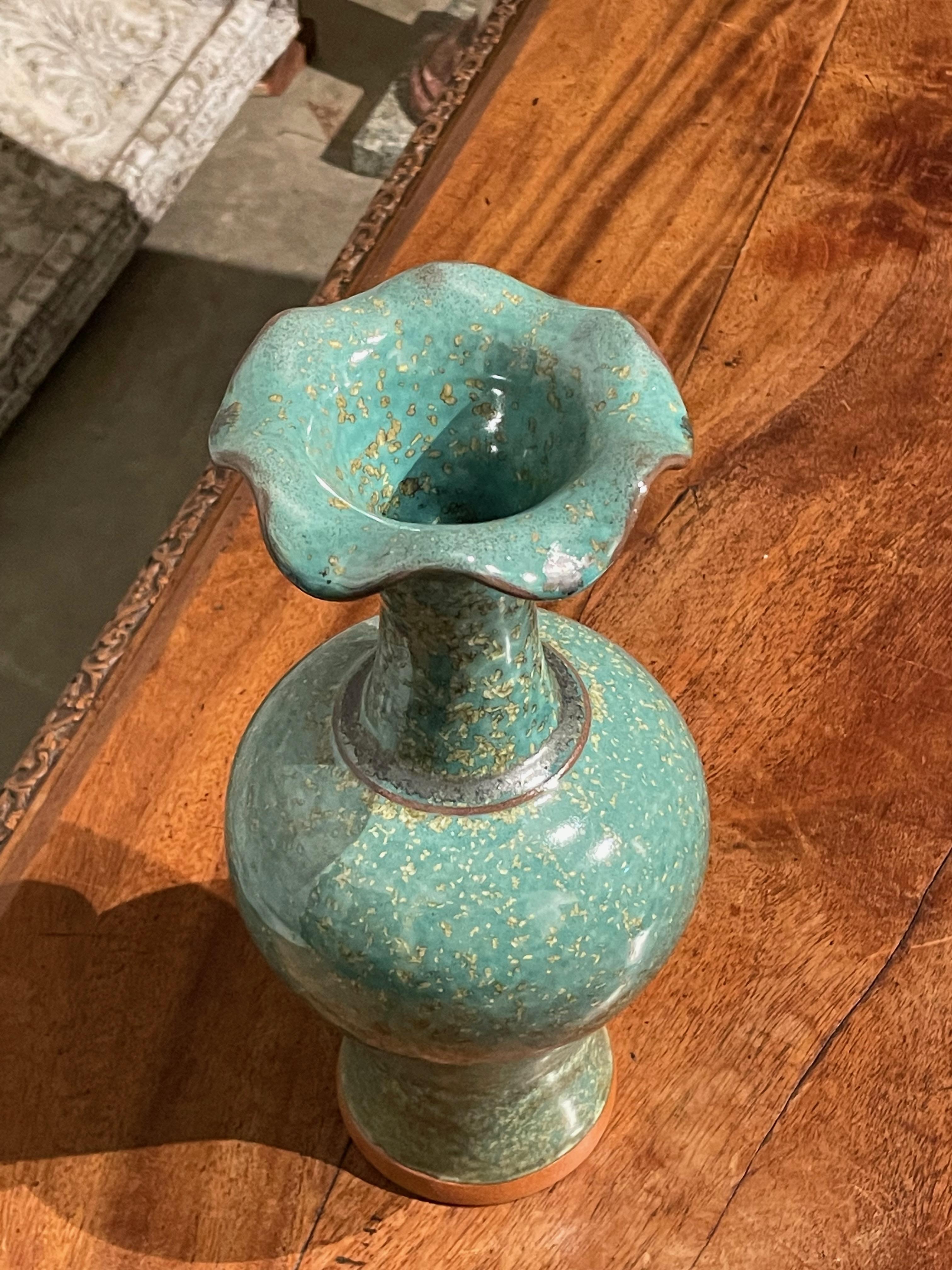 Ceramic Turquoise with Gold Speckled Glaze Scalloped Spout Vase, China, Contemporary For Sale