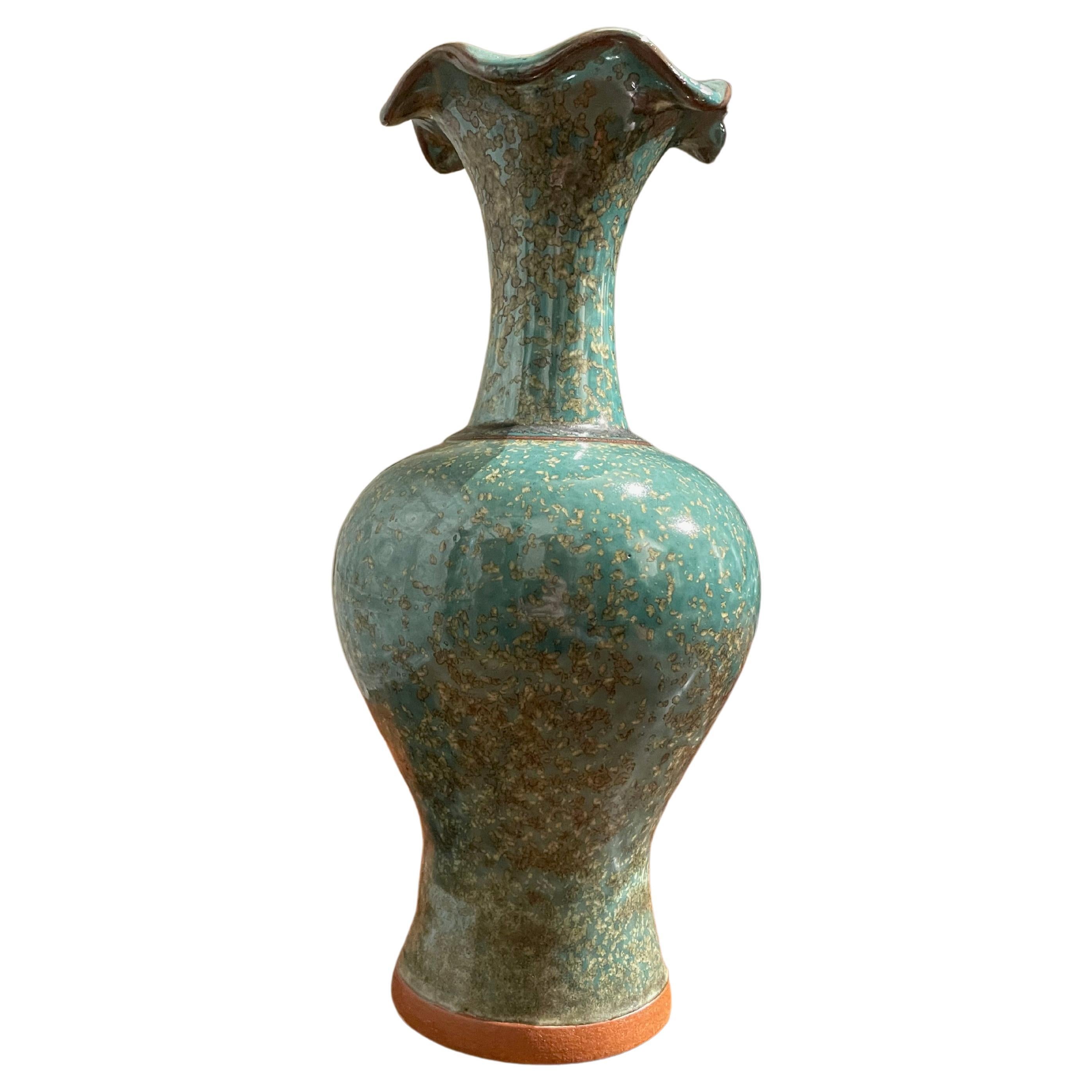 Turquoise with Gold Speckled Glaze Scalloped Spout Vase, China, Contemporary For Sale