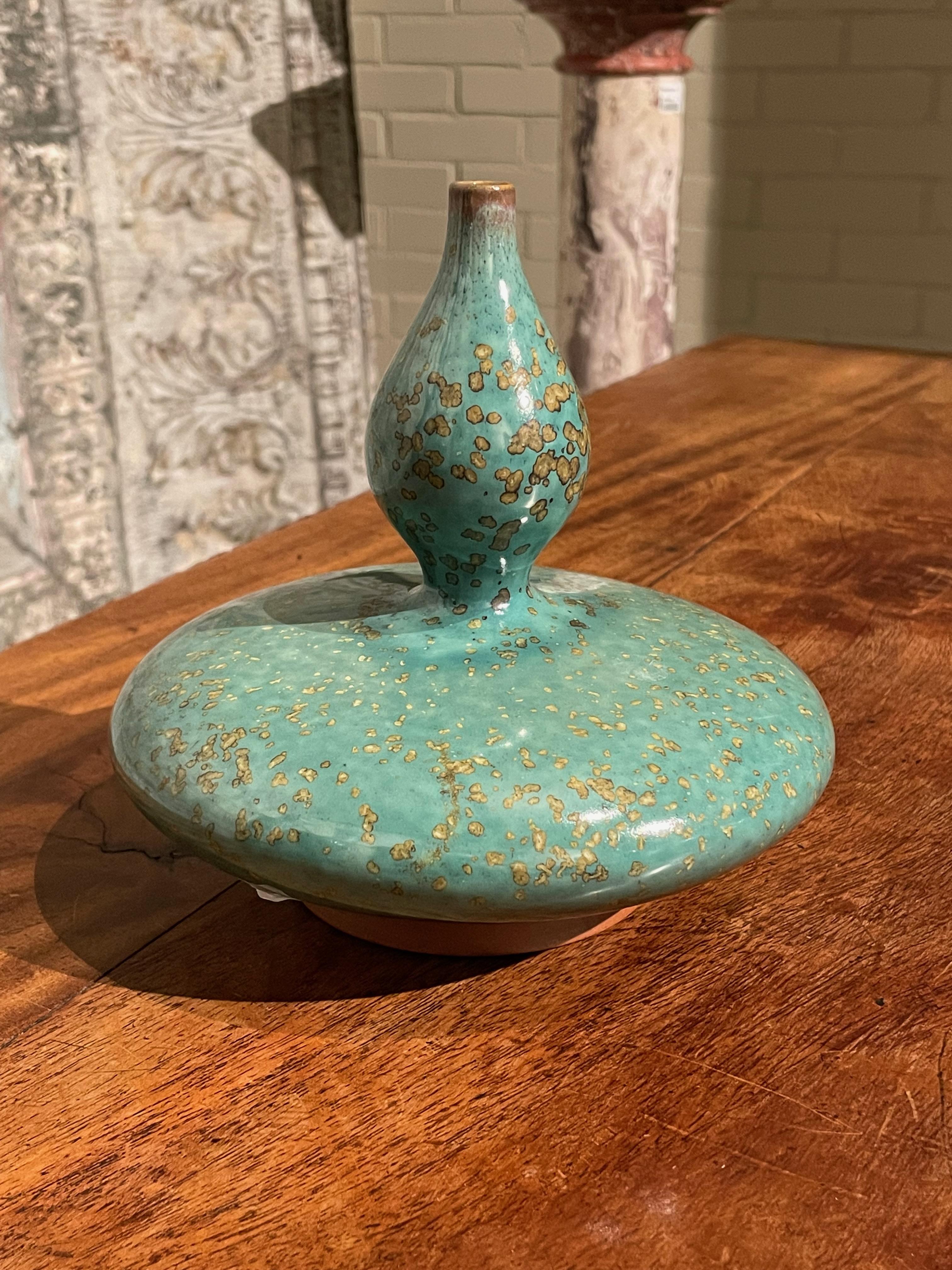 Ceramic Turquoise with Gold Speckled Glaze Squat Shape Vase, China, Contemporary