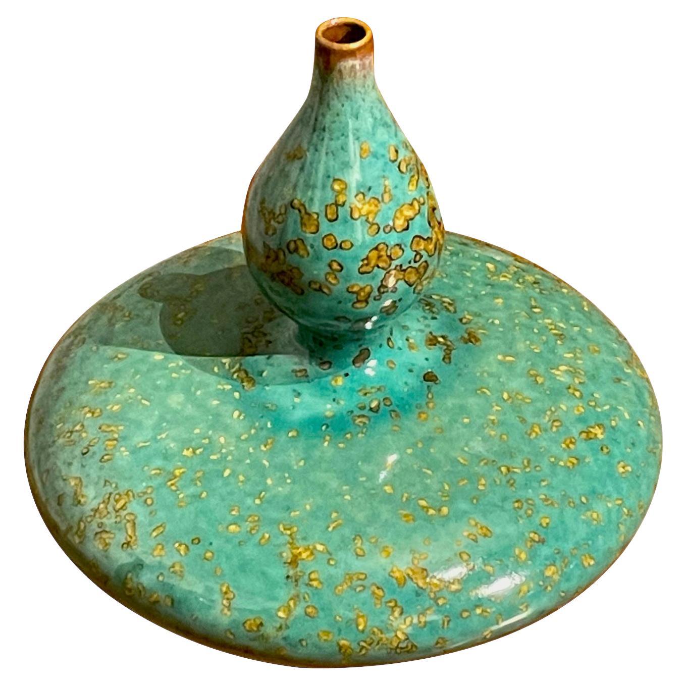 Turquoise with Gold Speckled Glaze Squat Shape Vase, China, Contemporary
