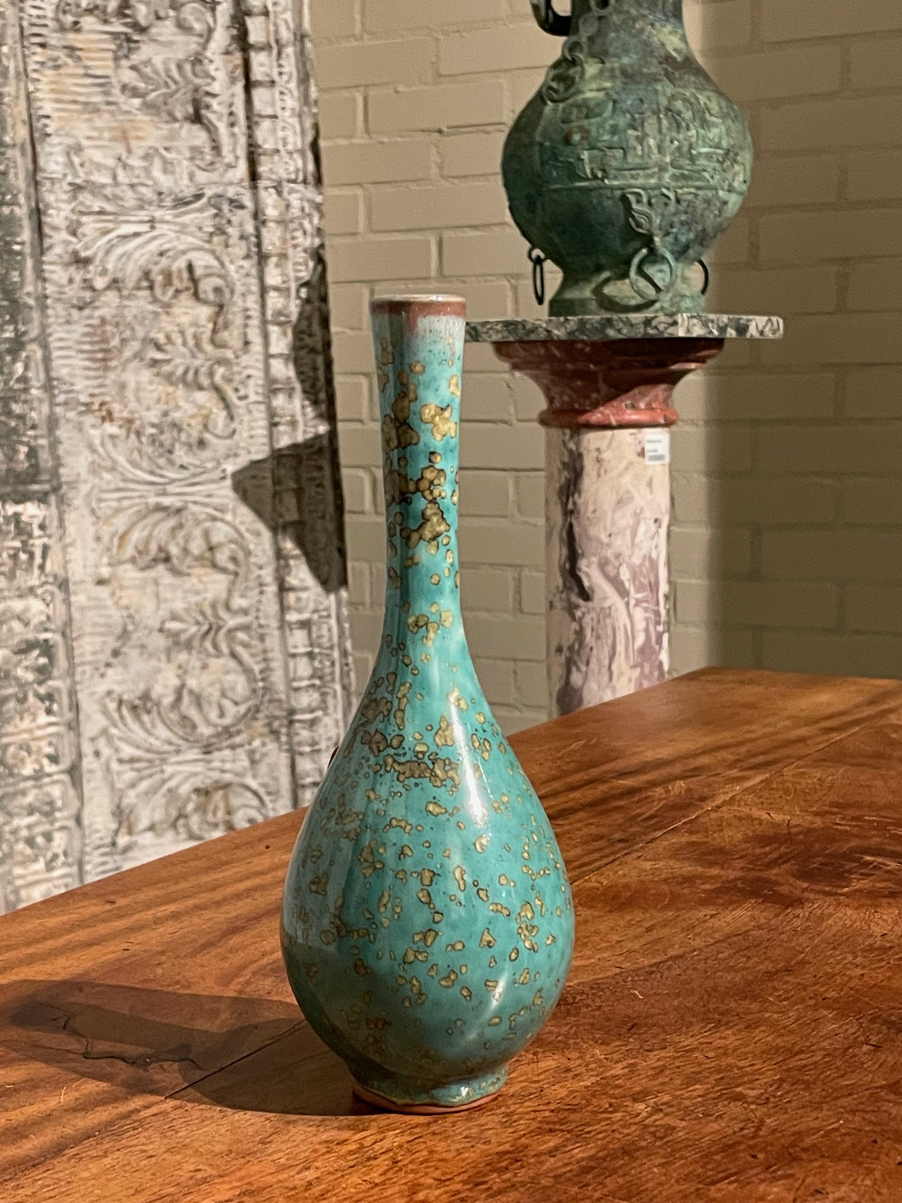 Turquoise with Gold Speckled Glaze Tall Thin Vase, China, Contemporary In New Condition In New York, NY