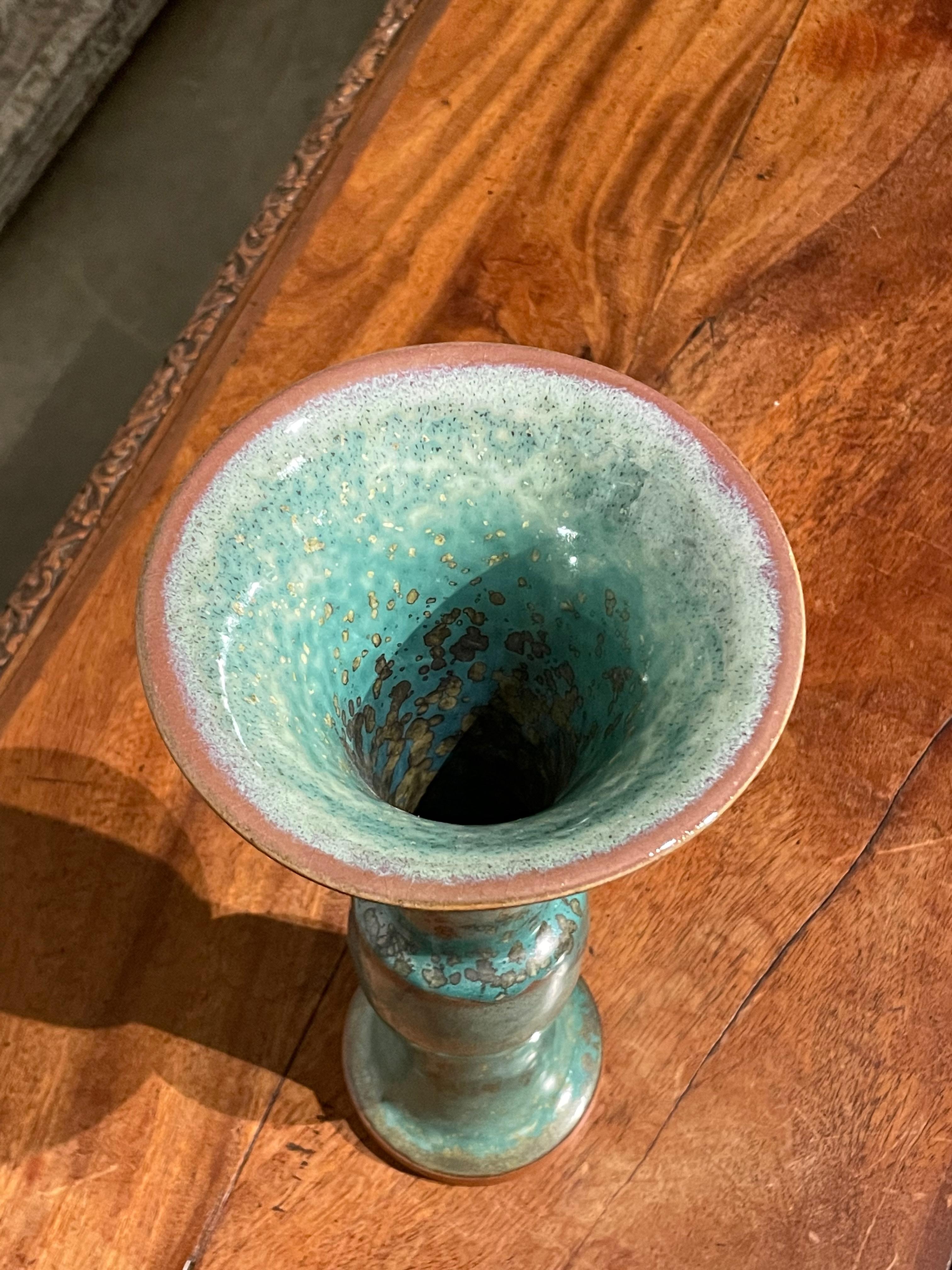 Turquoise with Gold Speckled Glaze Tall with Wide Band Vase, China, Contemporary In New Condition In New York, NY