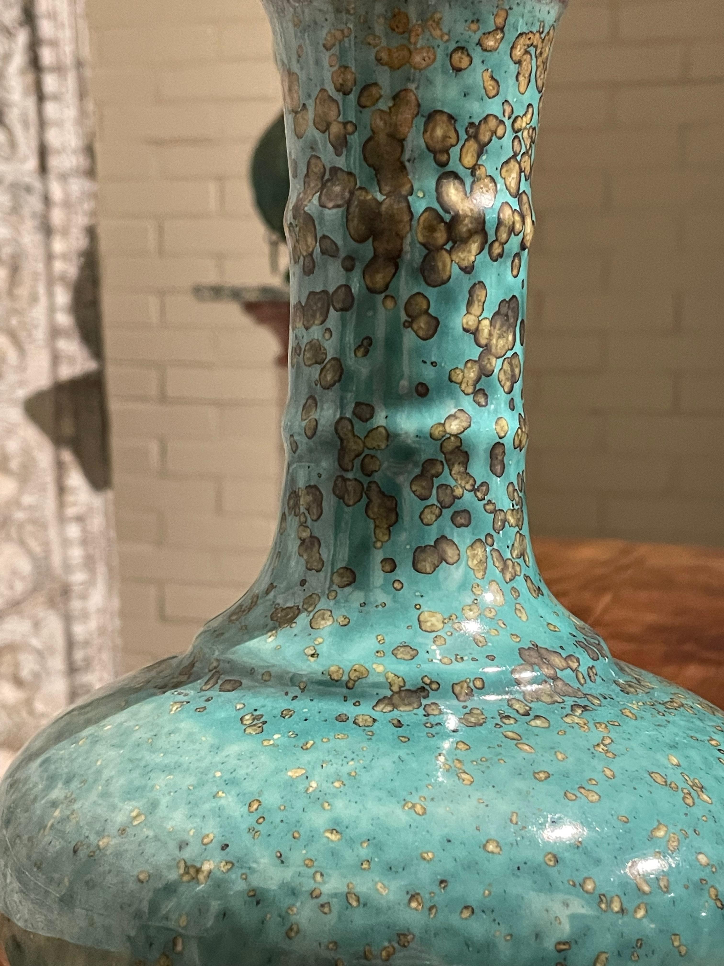 Turquoise with Gold Speckled Glaze Tube Neck Vase, China, Contemporary In New Condition In New York, NY
