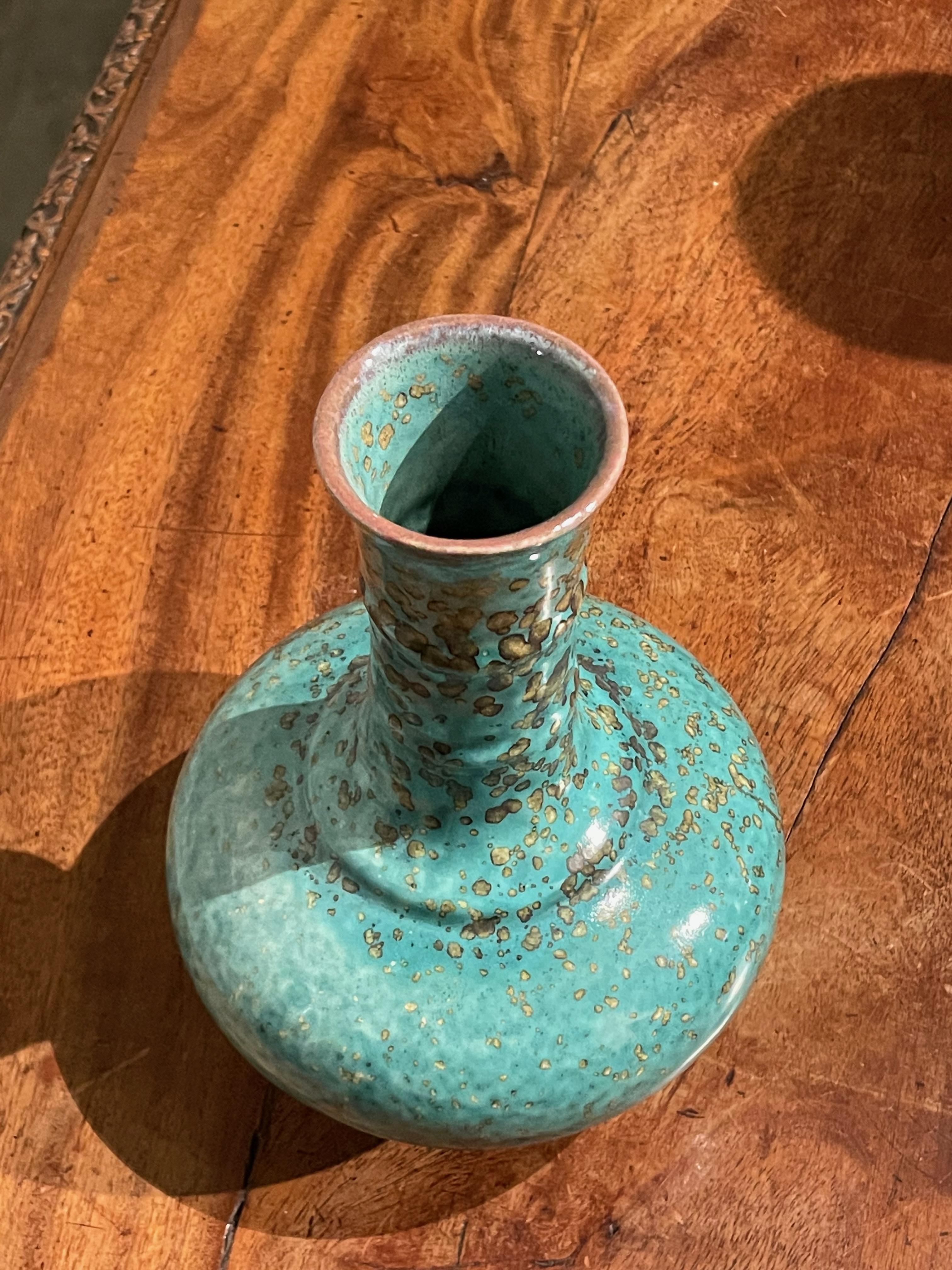 Ceramic Turquoise with Gold Speckled Glaze Tube Neck Vase, China, Contemporary