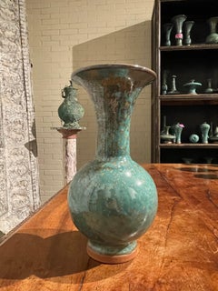Turquoise with Gold Speckled Glaze Wide Mouth Opening Vase, China, Contemporary