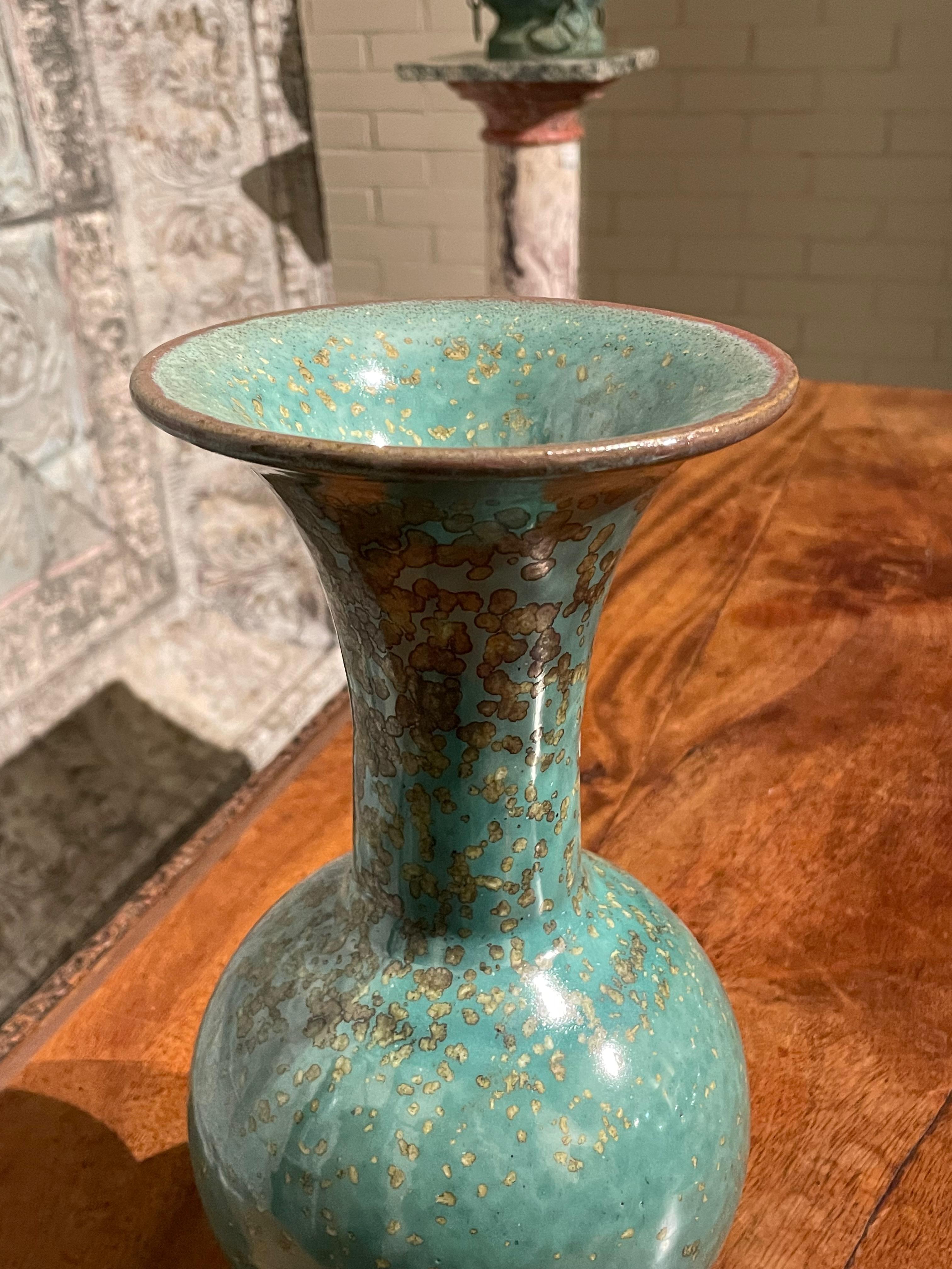 Chinese Turquoise with Gold Speckled Glaze Wide Mouth Opening Vase, China, Contemporary