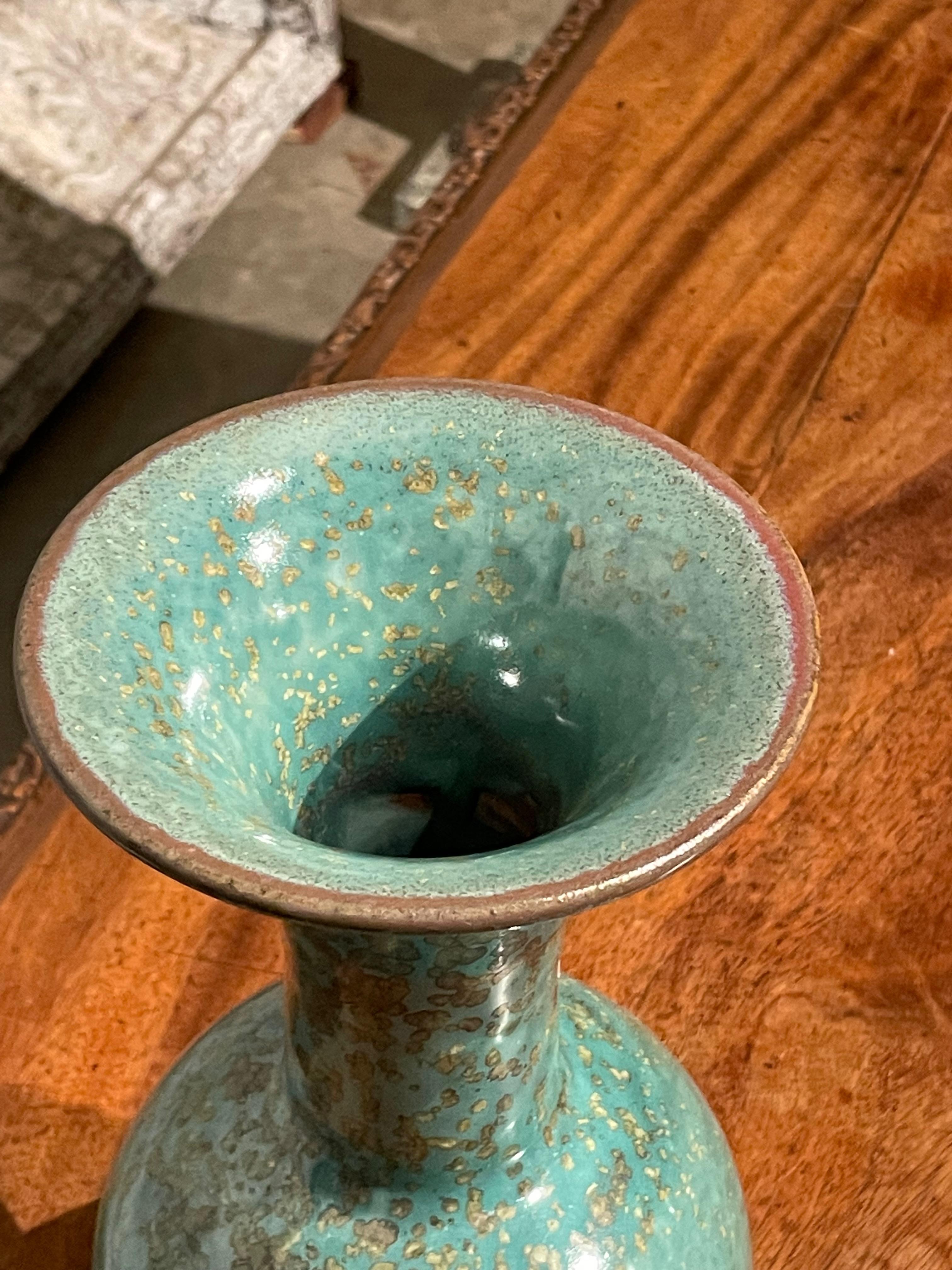 Turquoise with Gold Speckled Glaze Wide Mouth Opening Vase, China, Contemporary In New Condition In New York, NY