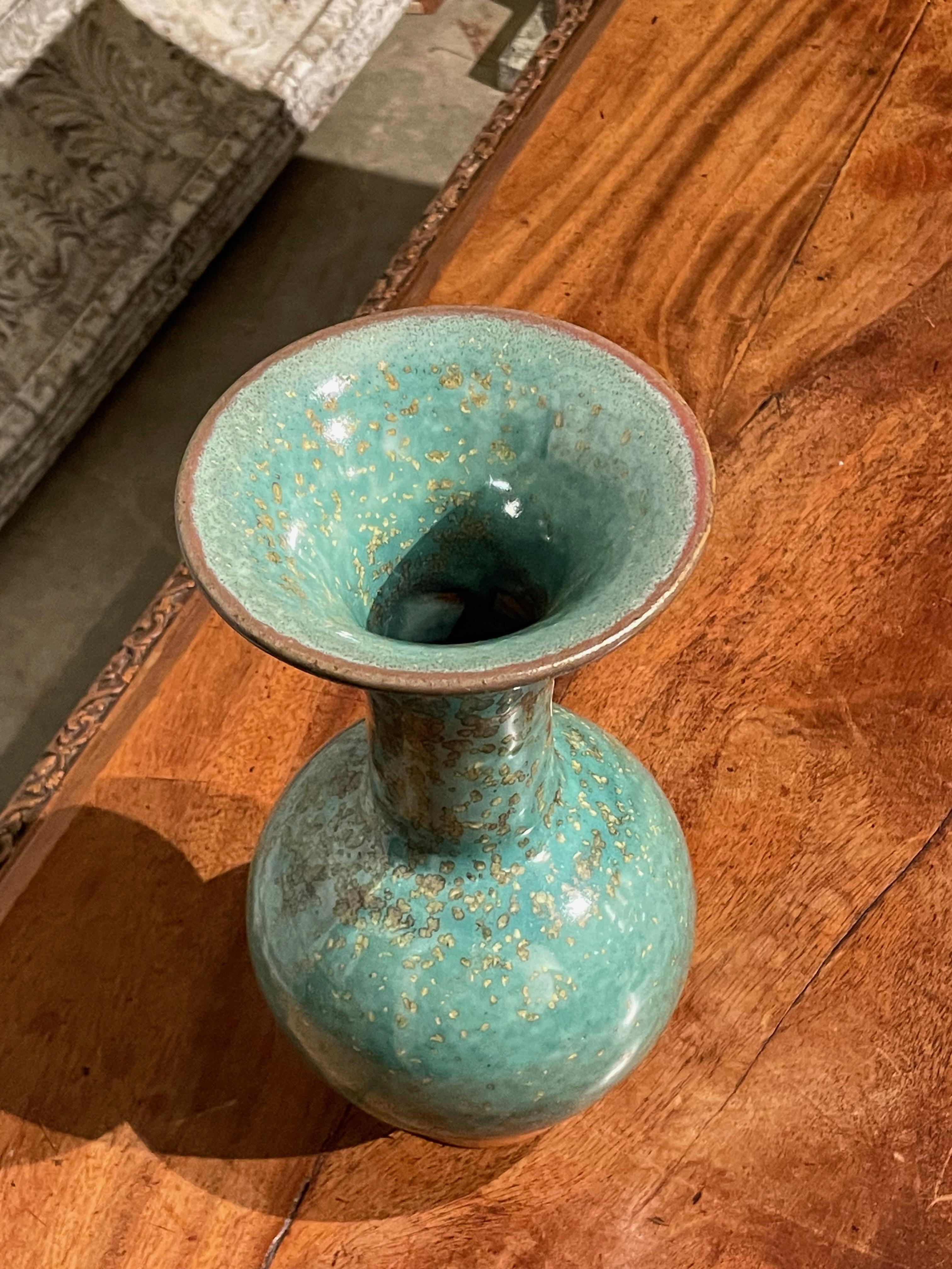 Ceramic Turquoise with Gold Speckled Glaze Wide Mouth Opening Vase, China, Contemporary