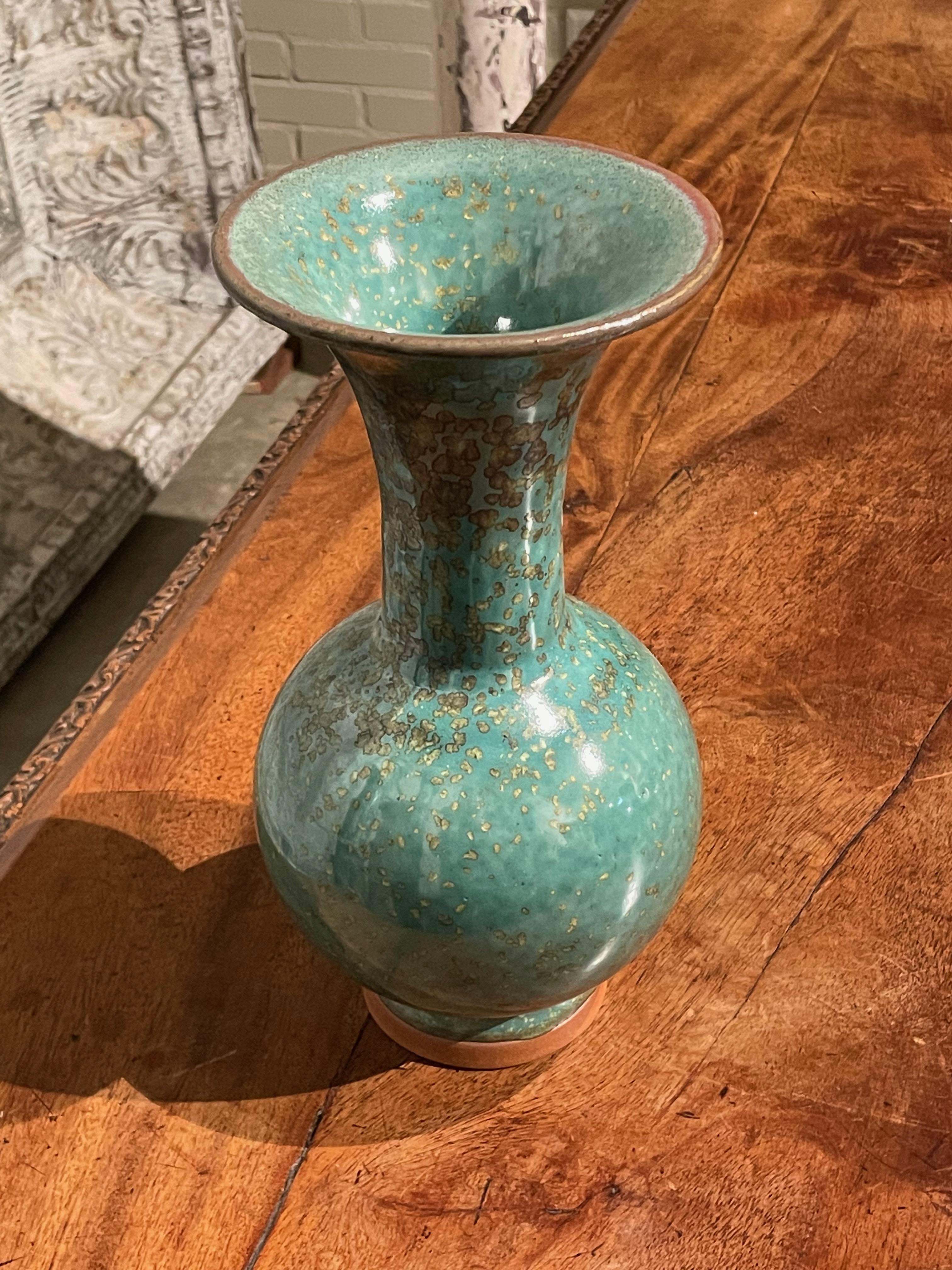 Turquoise with Gold Speckled Glaze Wide Mouth Opening Vase, China, Contemporary 1