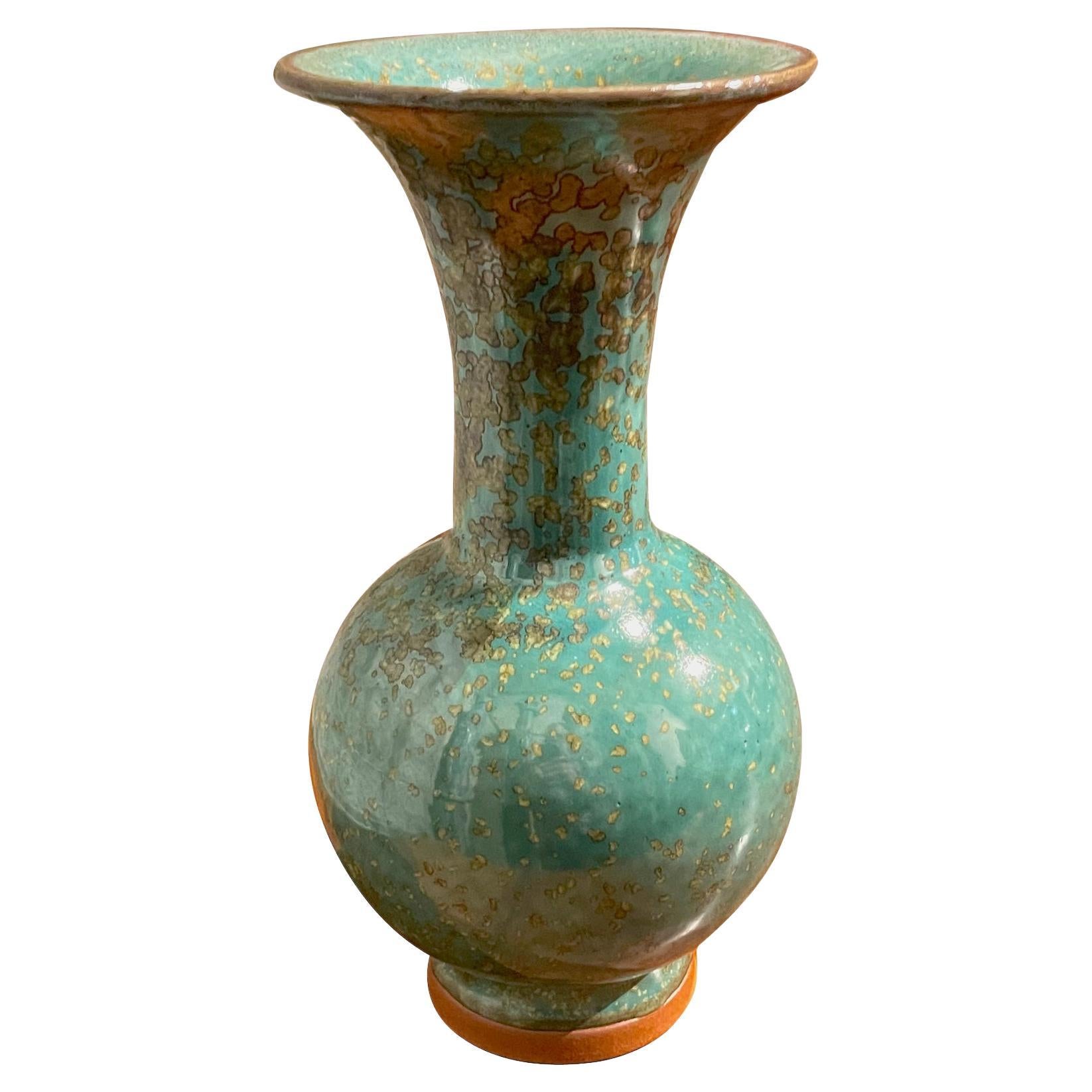 Turquoise with Gold Speckled Glaze Wide Mouth Opening Vase, China, Contemporary