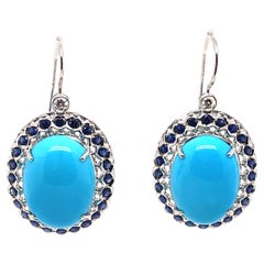 Turquoise with Sapphire Halo and Diamond Drop Earrings 18k White Gold