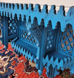Turquoise Wooden Wall Shelf, Moroccan Carving