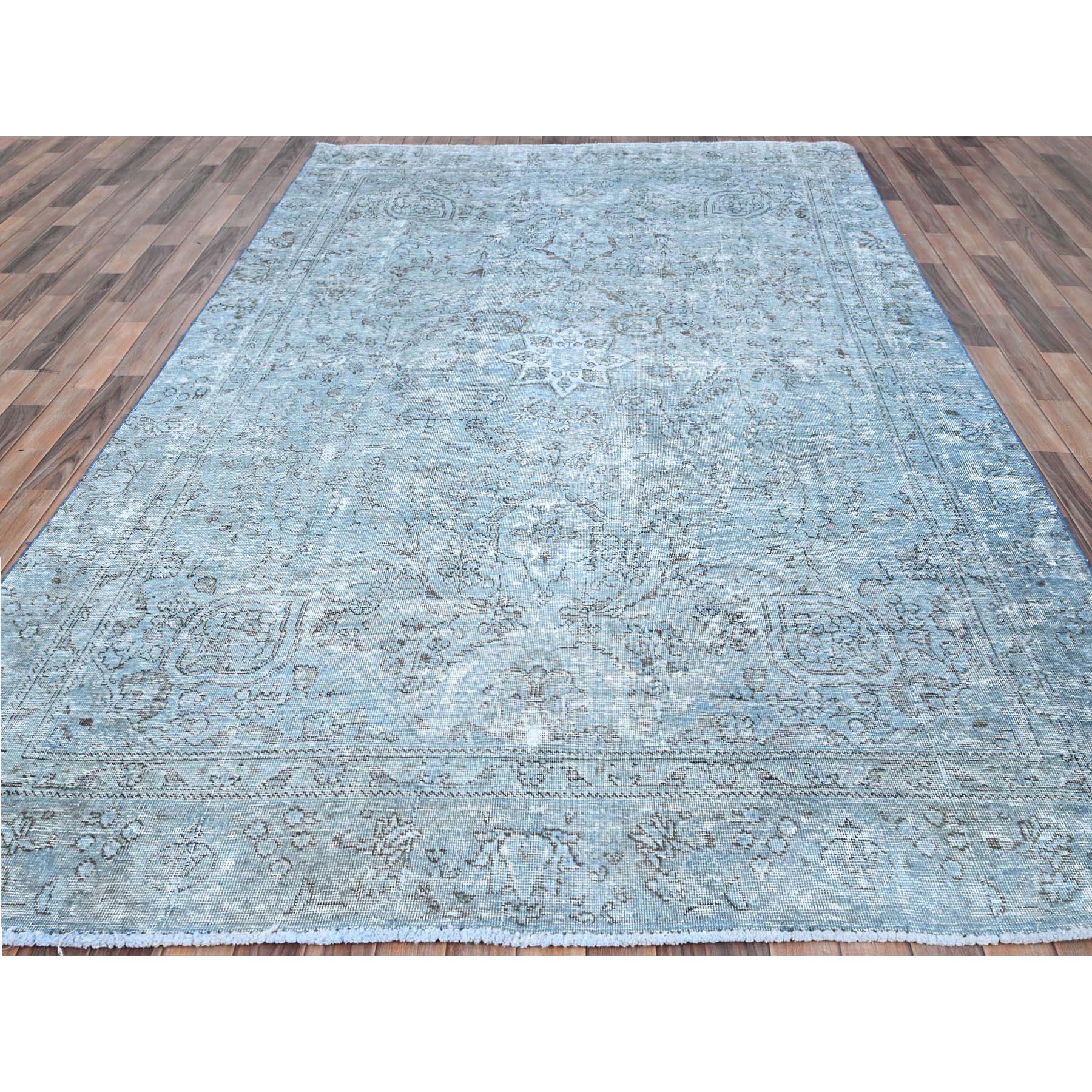 Hand-Knotted Turquoise Wool Hand Knotted Vintage Persian Tabriz Faded Design Rustic Feel Rug For Sale