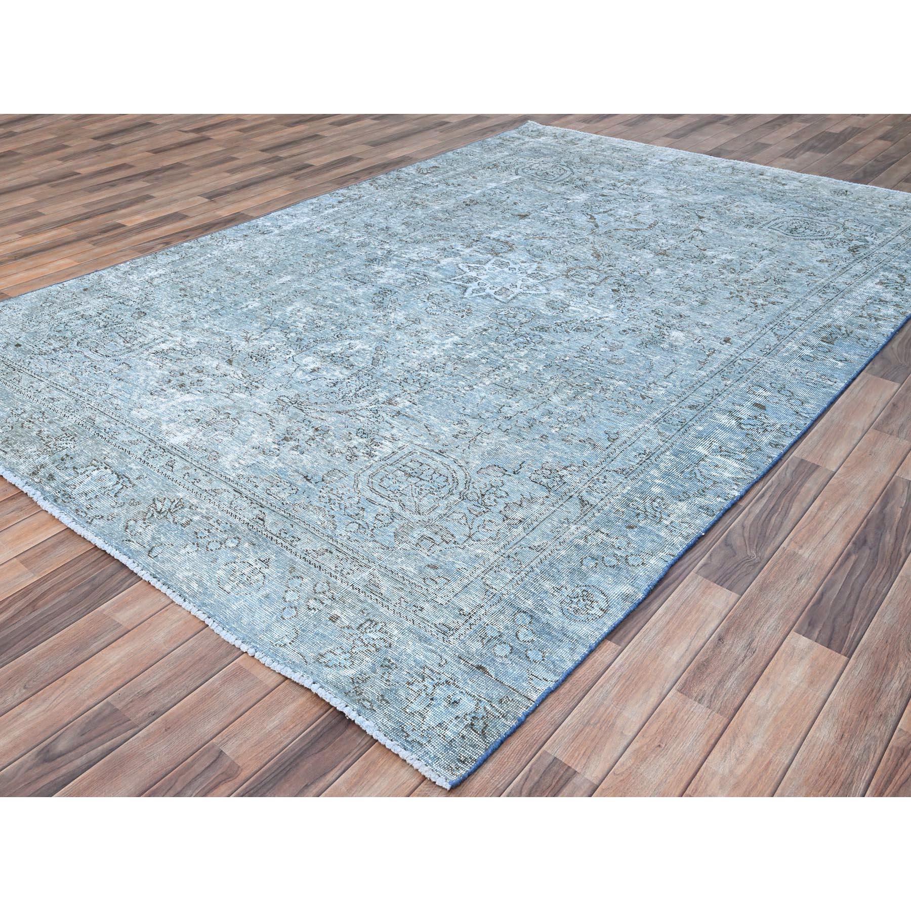 Turquoise Wool Hand Knotted Vintage Persian Tabriz Faded Design Rustic Feel Rug In Fair Condition For Sale In Carlstadt, NJ