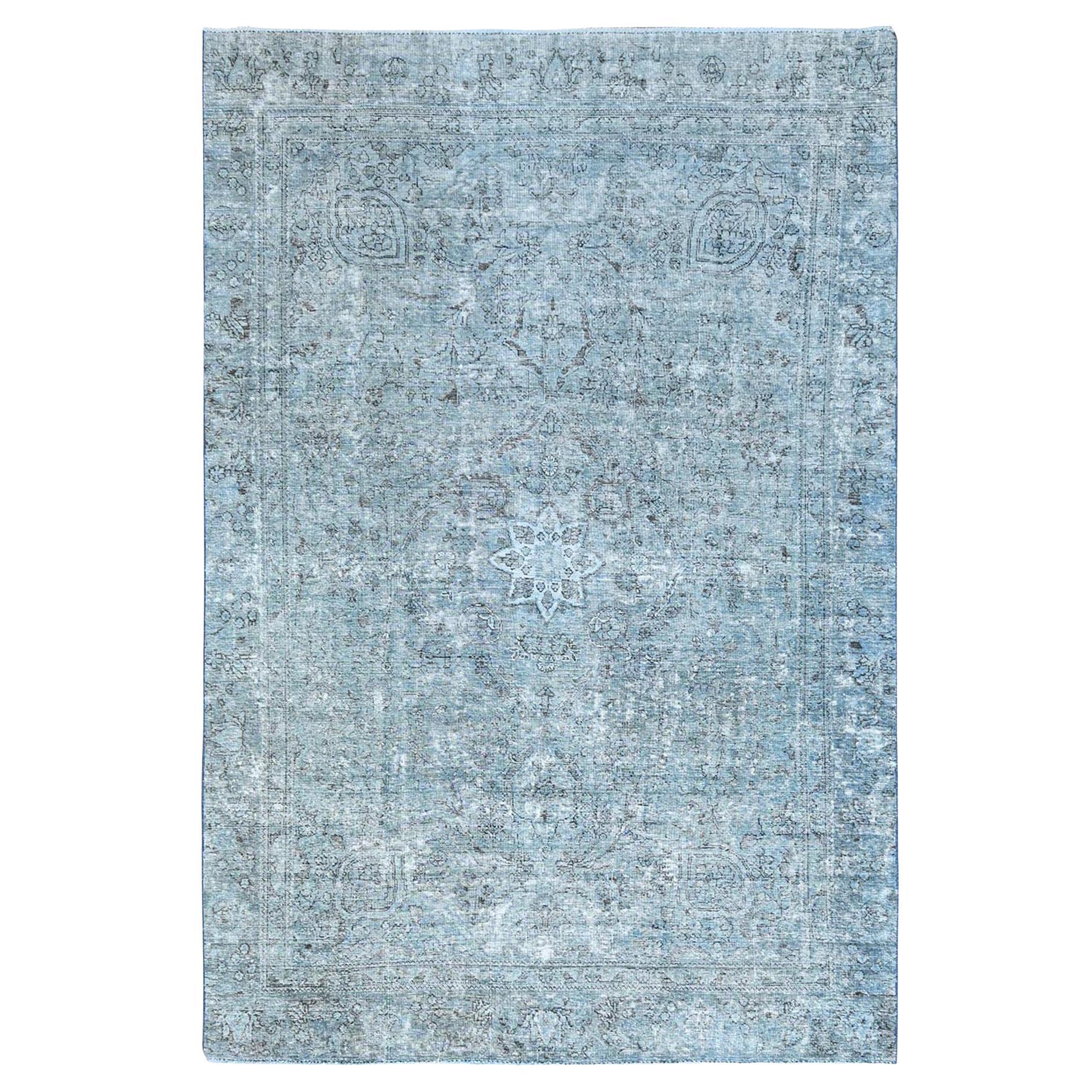 Turquoise Wool Hand Knotted Vintage Persian Tabriz Faded Design Rustic Feel Rug