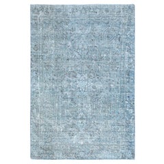 Turquoise Wool Hand Knotted Vintage Persian Tabriz Faded Design Rustic Feel Rug