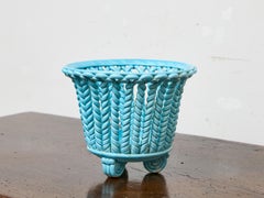 Turquoise Woven Porcelain Cachepot on Scroll Feet, Spain Midcentury