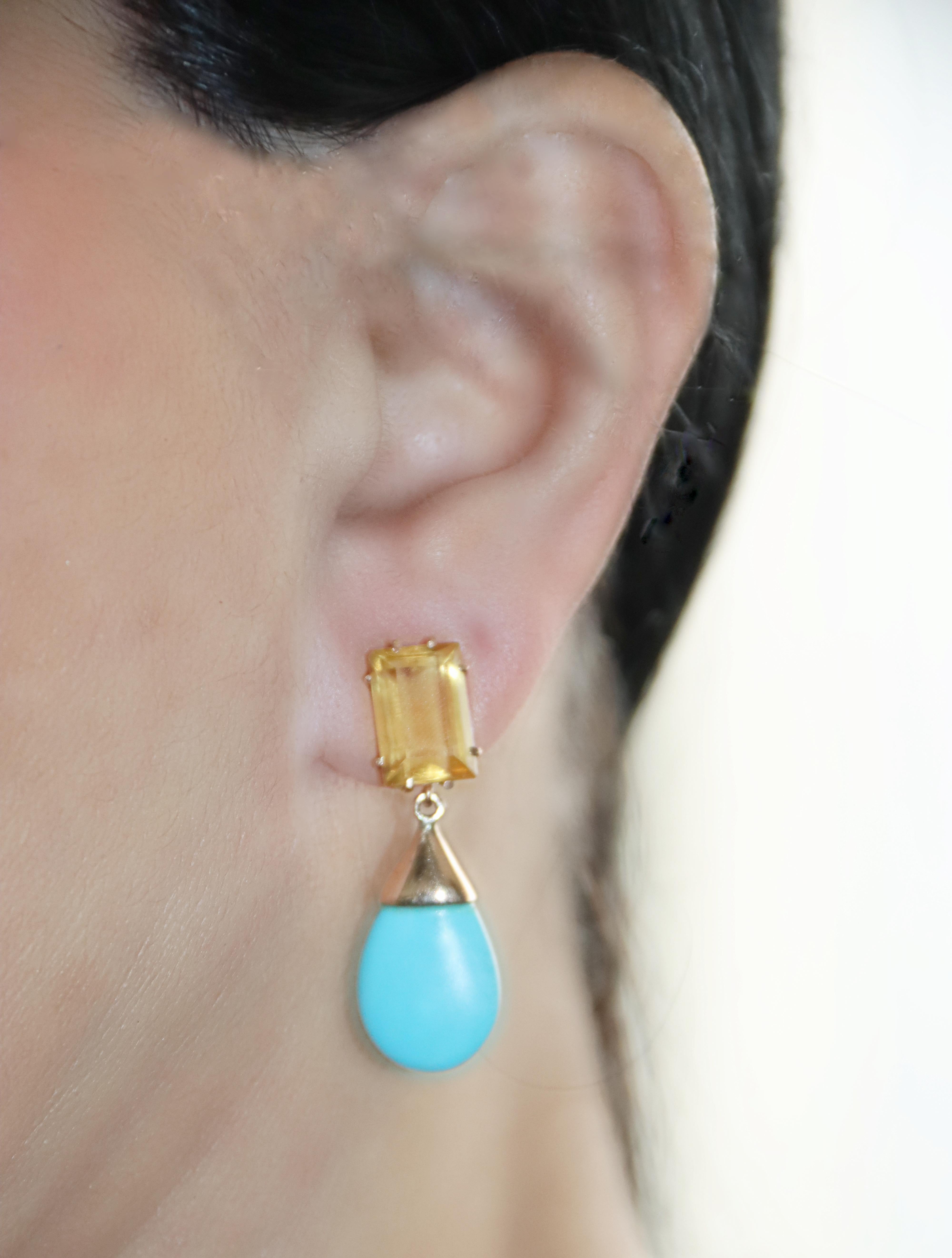Turquoise Yellow Citrine 9 Kt Yellow Gold Drop Earrings For Sale 3
