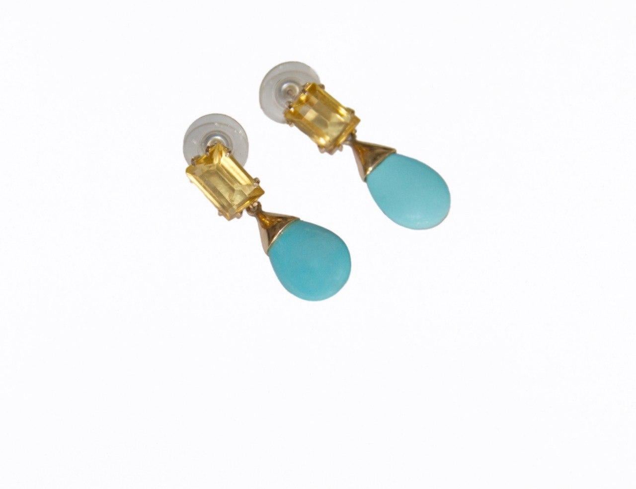 Artisan Turquoise Yellow Citrine 9 Kt Yellow Gold Drop Earrings For Sale