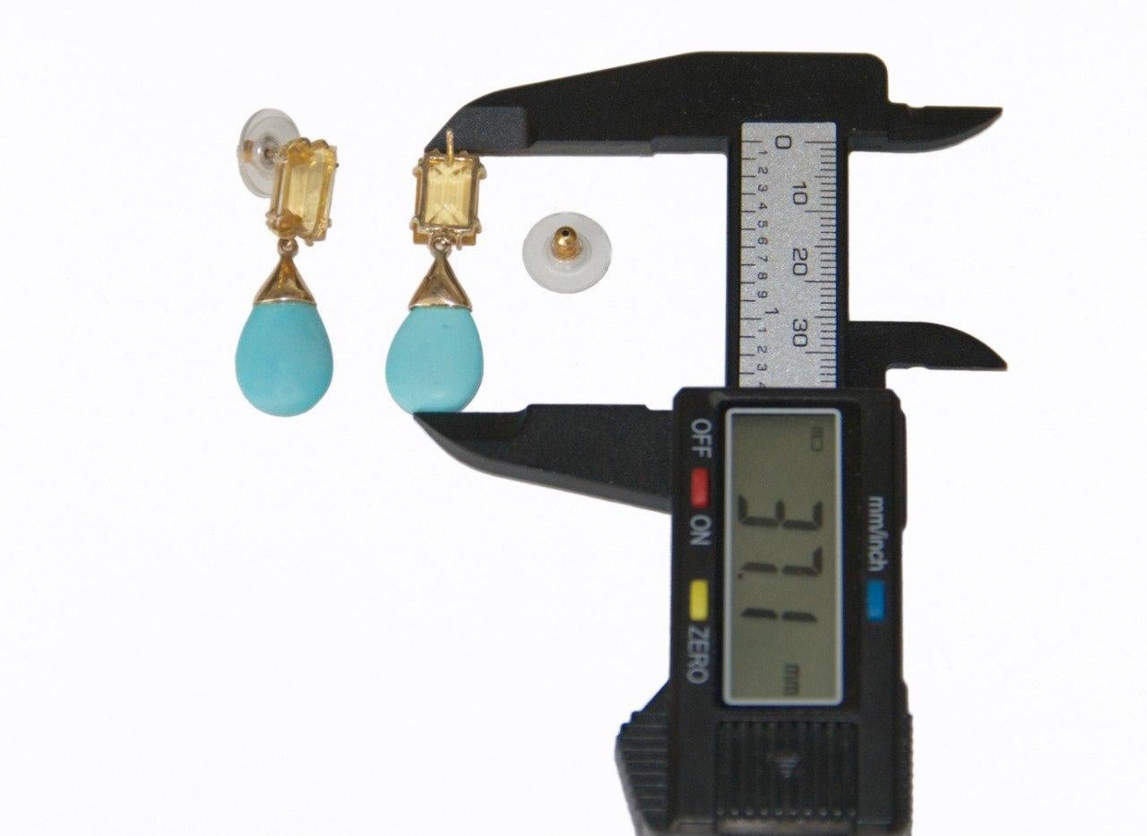 Mixed Cut Turquoise Yellow Citrine 9 Kt Yellow Gold Drop Earrings For Sale