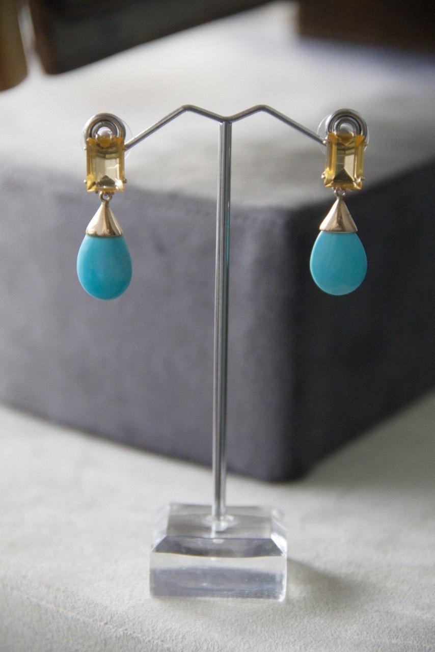 Turquoise Yellow Citrine 9 Kt Yellow Gold Drop Earrings In New Condition For Sale In Marcianise, IT