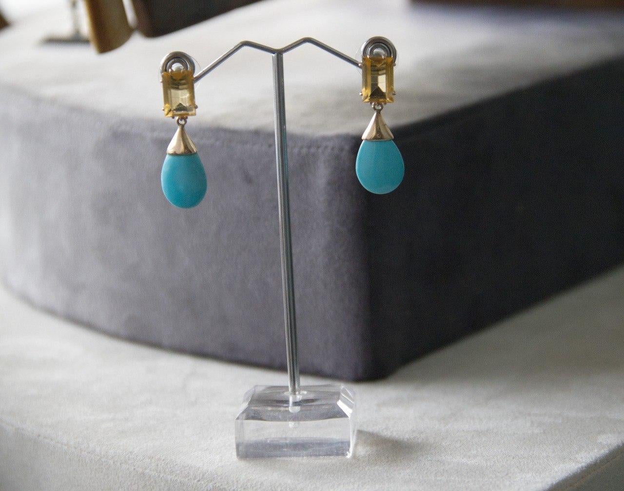 Women's or Men's Turquoise Yellow Citrine 9 Kt Yellow Gold Drop Earrings For Sale