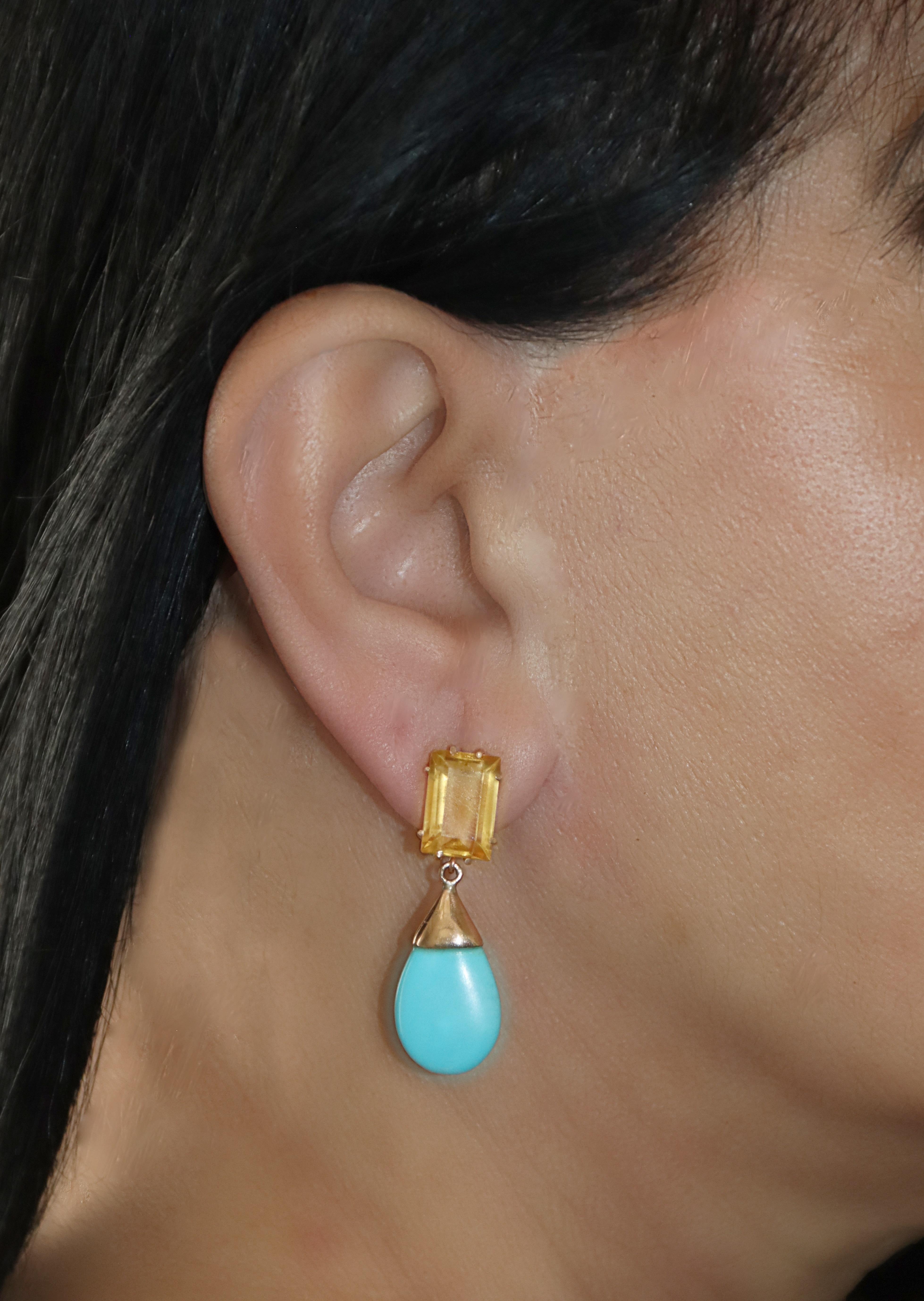 Turquoise Yellow Citrine 9 Kt Yellow Gold Drop Earrings For Sale 1