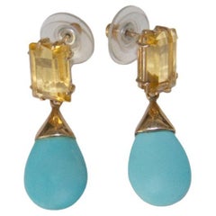 Turquoise Yellow Citrine 9 Kt Yellow Gold Drop Earrings