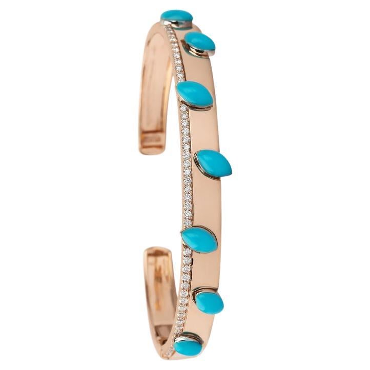 Turquoise Yellow Gold & 0.42 Cts Diamond Cuff Bracelet, Small