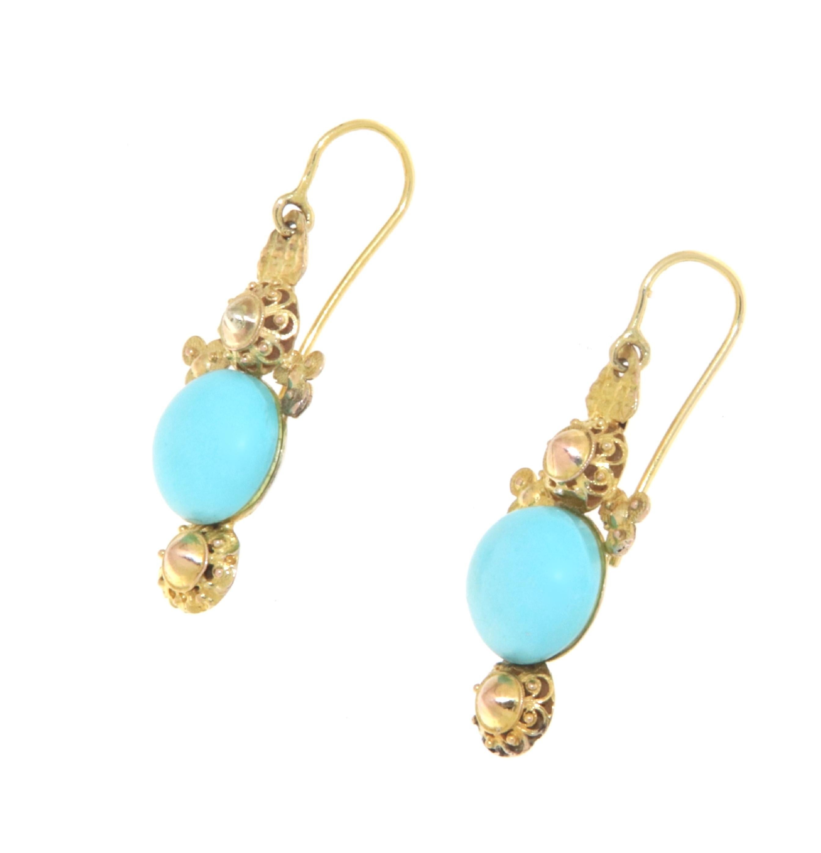 Fabulous vintage style earring made of 9 carat yellow gold with natural turquoise buttons.

Printed workmanship as it was done in its time with a typical southern Italian Pompean closure.

A very light earring to wear on the lobe, suitable for every