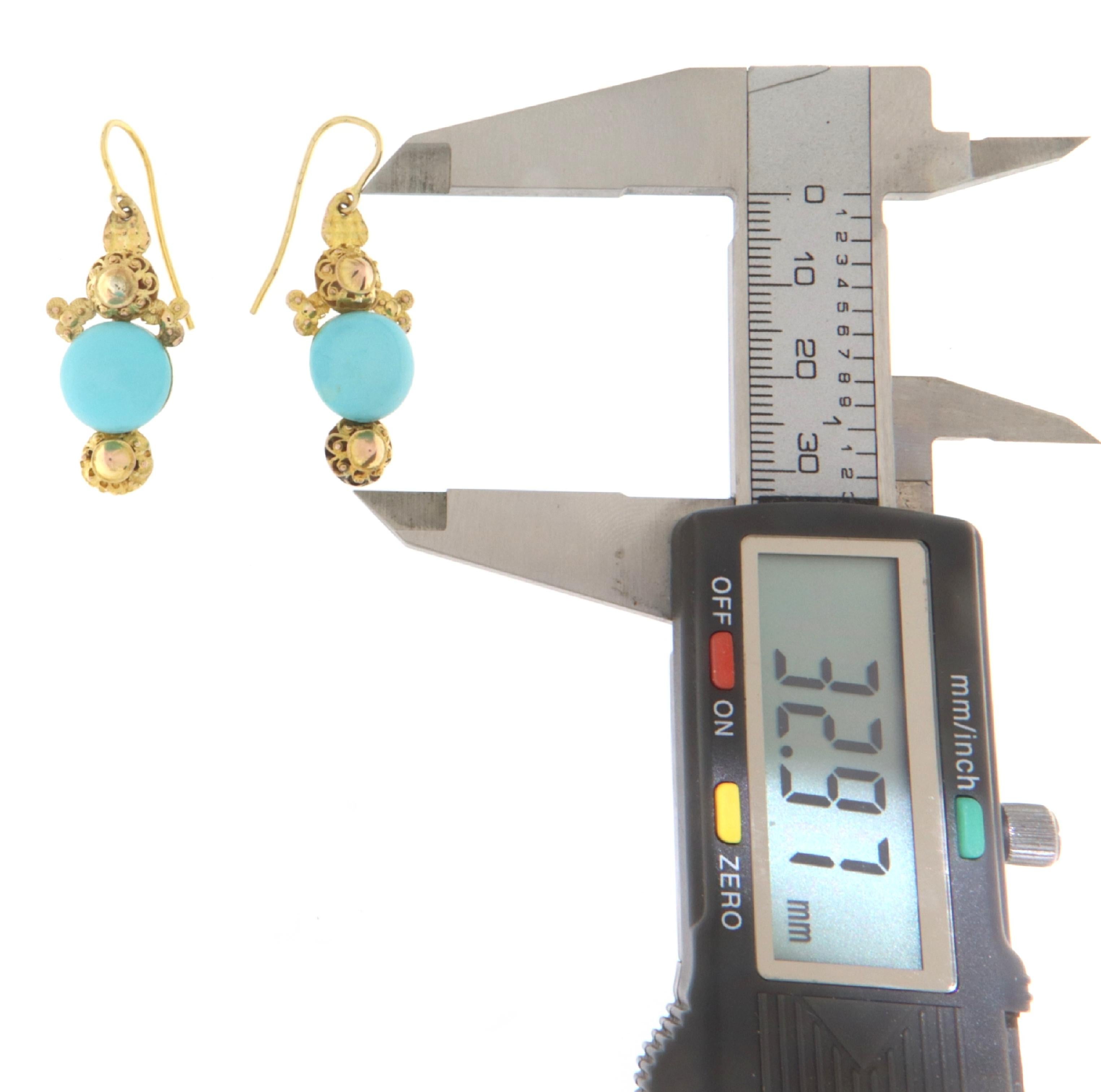 Artisan Turquoise Yellow Gold 9 Karat Drop Earrings For Sale