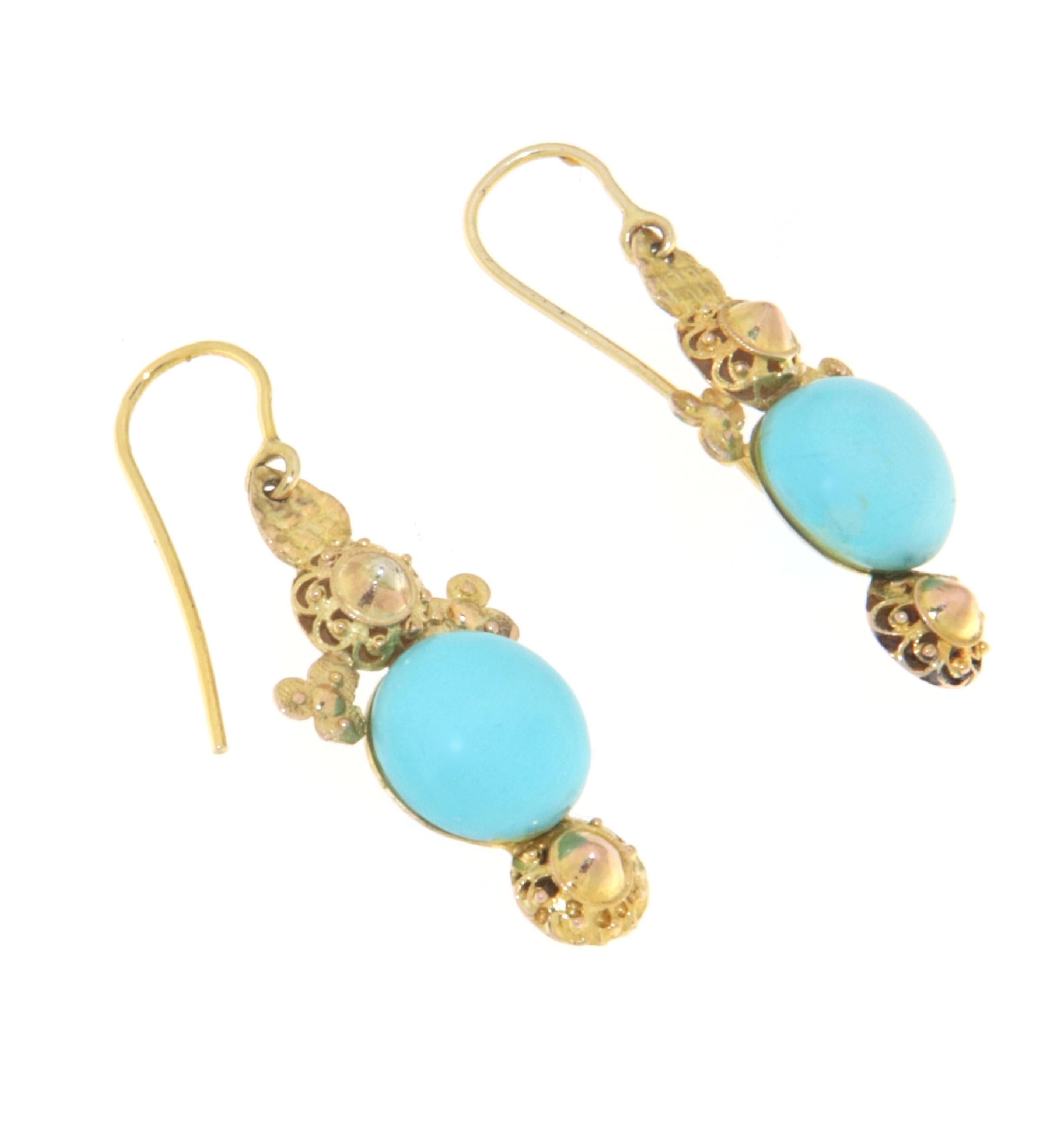 Cabochon Turquoise Yellow Gold 9 Karat Drop Earrings For Sale