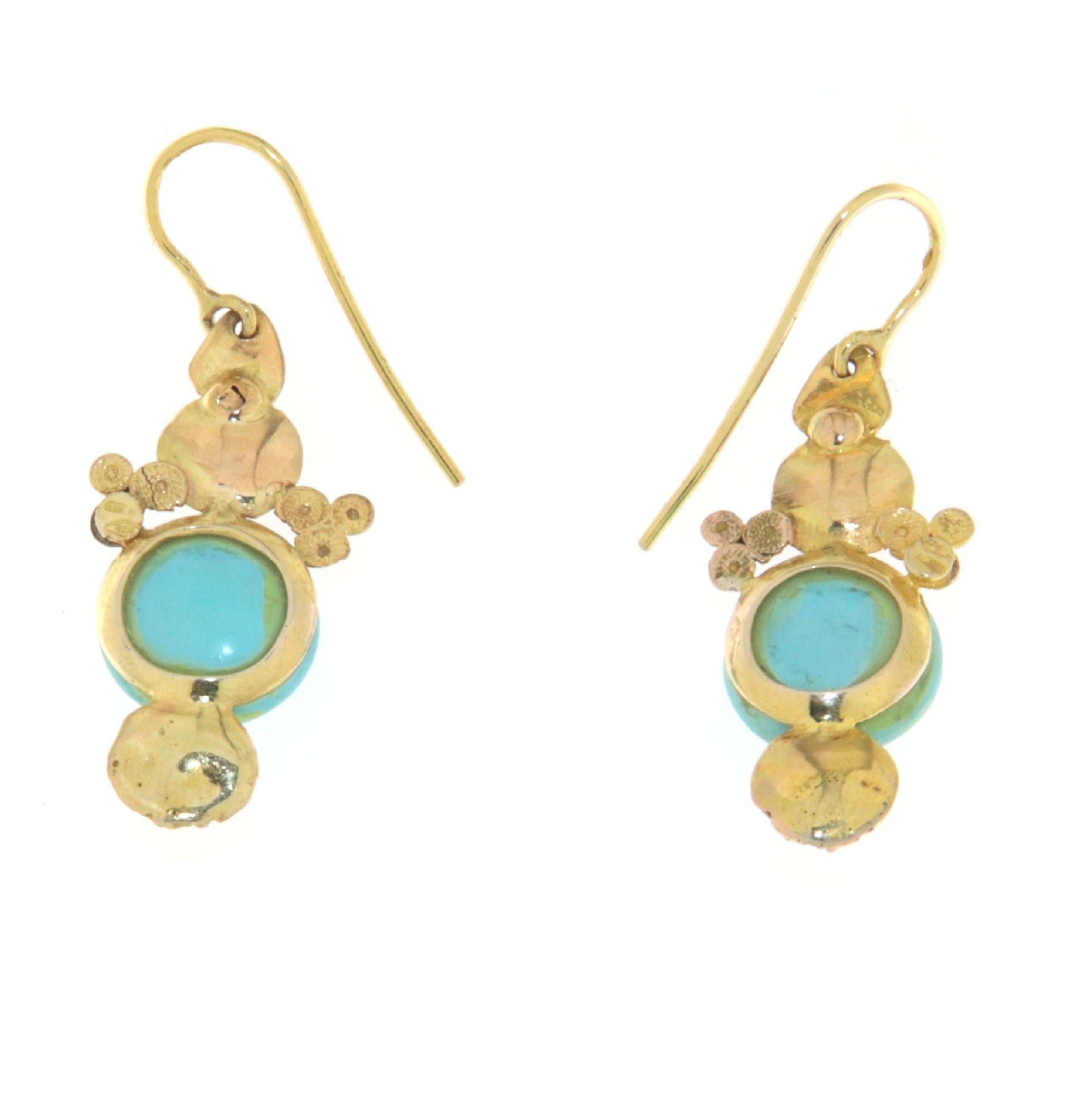 Turquoise Yellow Gold 9 Karat Drop Earrings In New Condition For Sale In Marcianise, IT