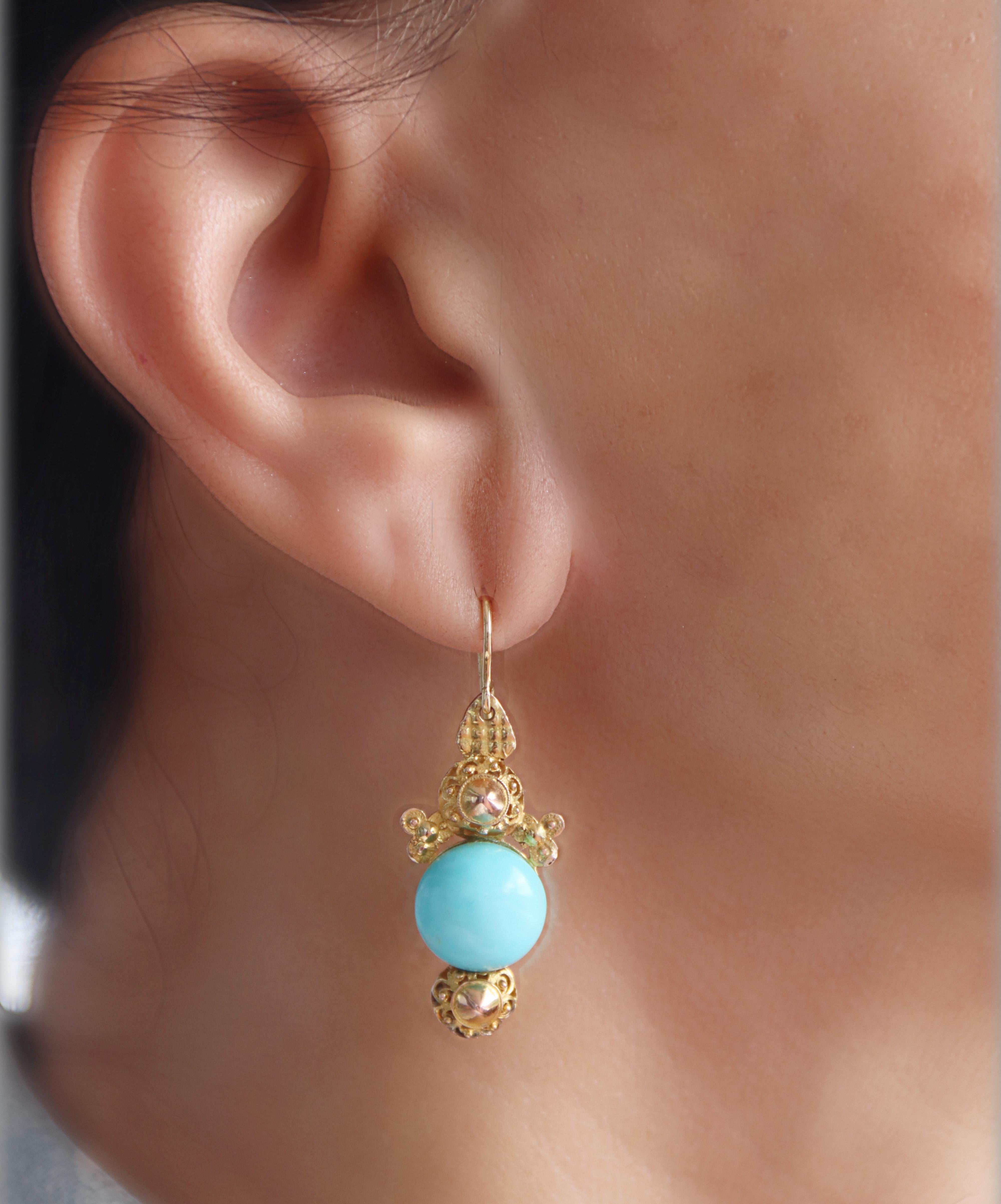 Turquoise Yellow Gold 9 Karat Drop Earrings For Sale 1