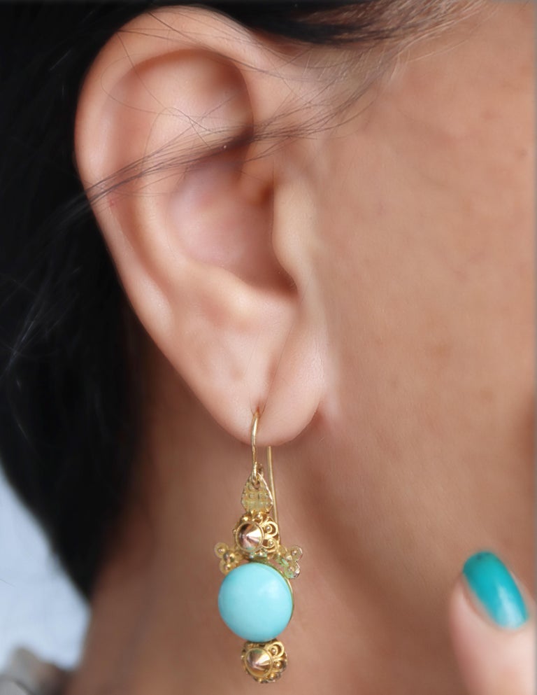 Boucles D'oreilles Pendantes Or Jaune 18k (750) Avec Perle Turquoise - Produzione Orafa Aretina - Neuf