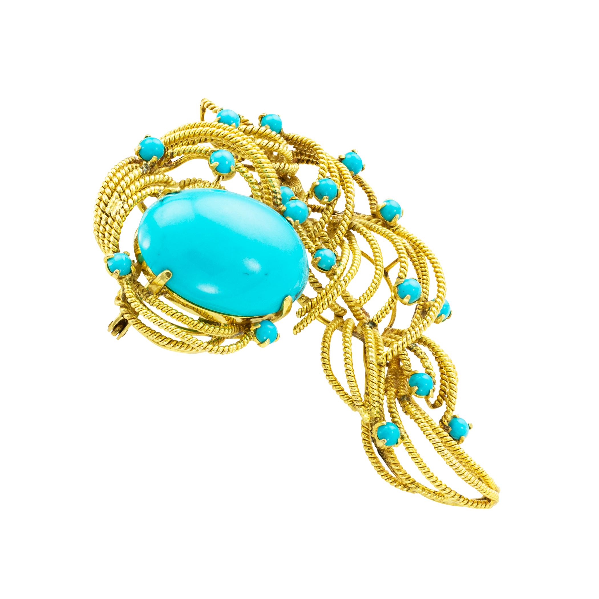 Turquoise and yellow gold handcrafted brooch pendant circa 1970. *

ABOUT THIS ITEM:  #P-DJ130A. Scroll down for detailed specifications. Here we have a stunning vintage brooch that combines turquoise and gold in a truly creative and ingenious way.