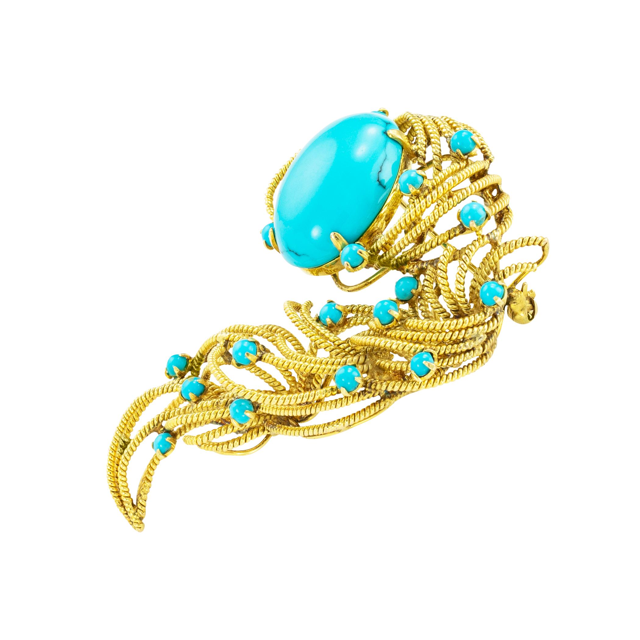 Modern Turquoise Yellow Gold Brooch Pendant For Sale