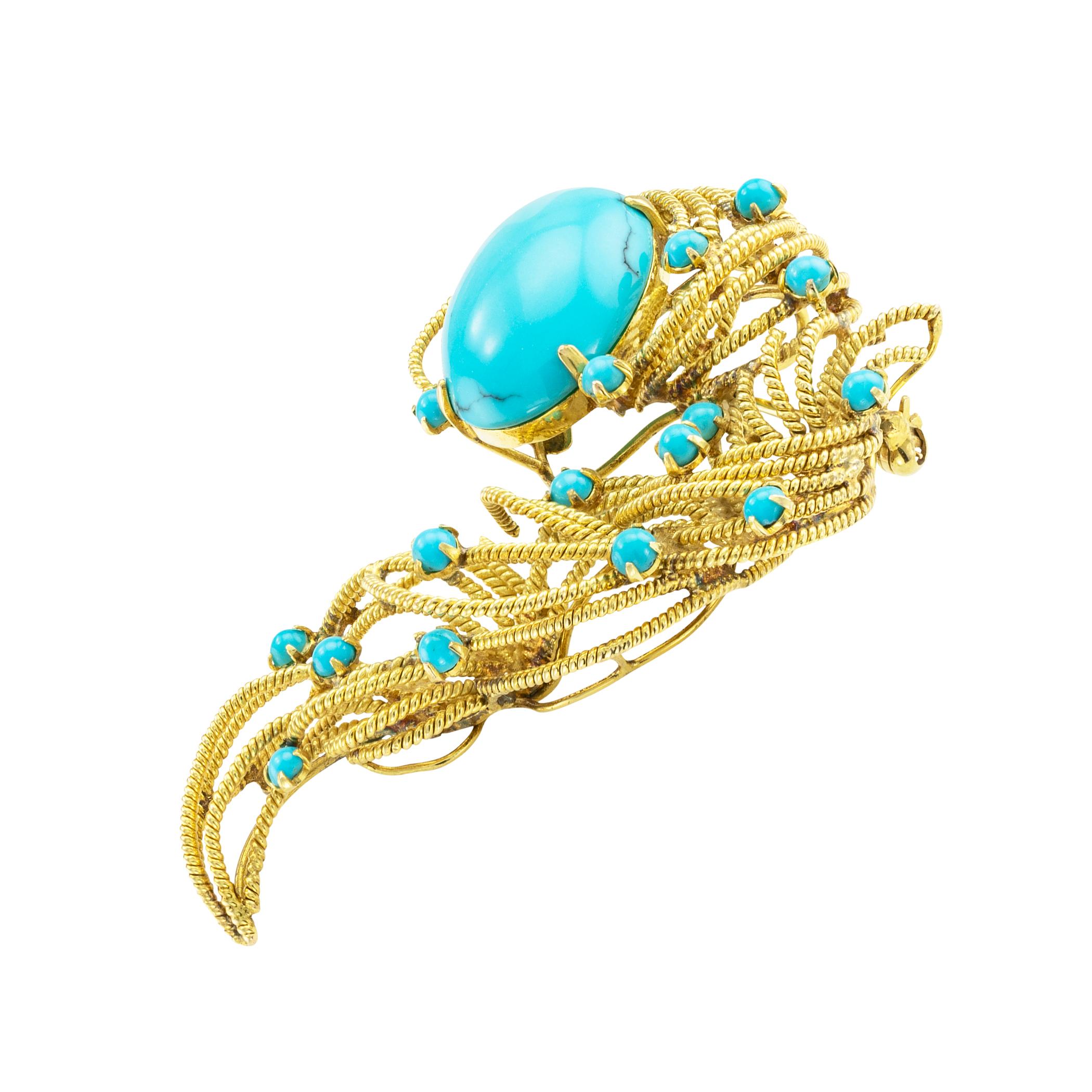 Cabochon Turquoise Yellow Gold Brooch Pendant For Sale