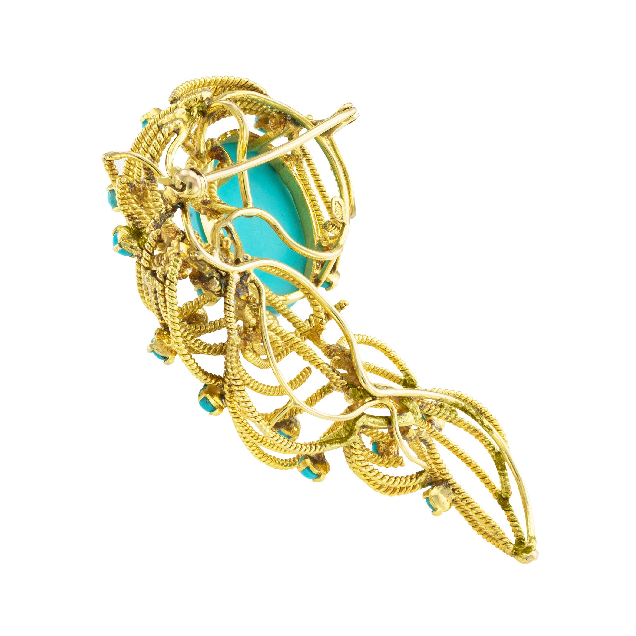 Turquoise Yellow Gold Brooch Pendant In Good Condition For Sale In Los Angeles, CA